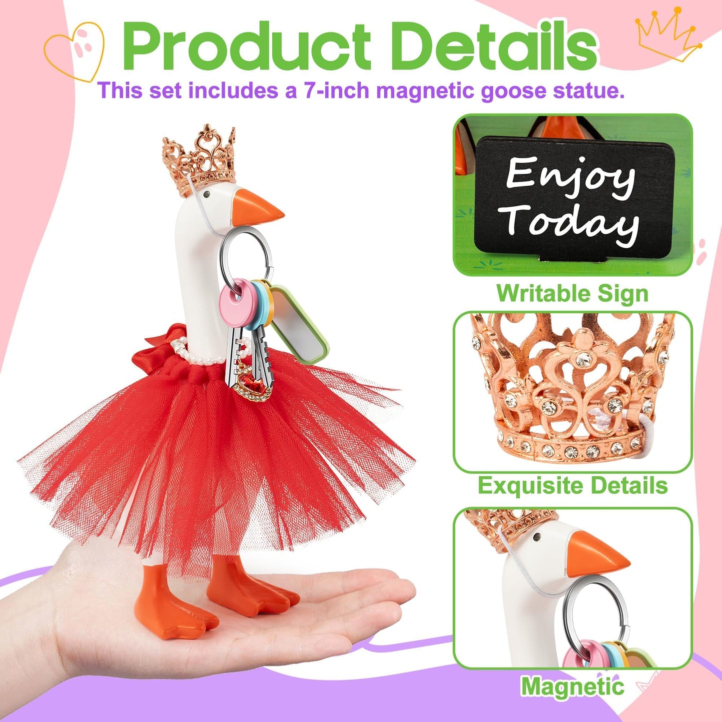 GudaAphrmix 29Pcs Desk Goose Statue Goose Outfits with Tutu Dress Crystal Crown Necklace, 7inch Resin Mini Goose with Writable Sign Chalk, Small Desk Duck Figurine for Office Home Art Decor