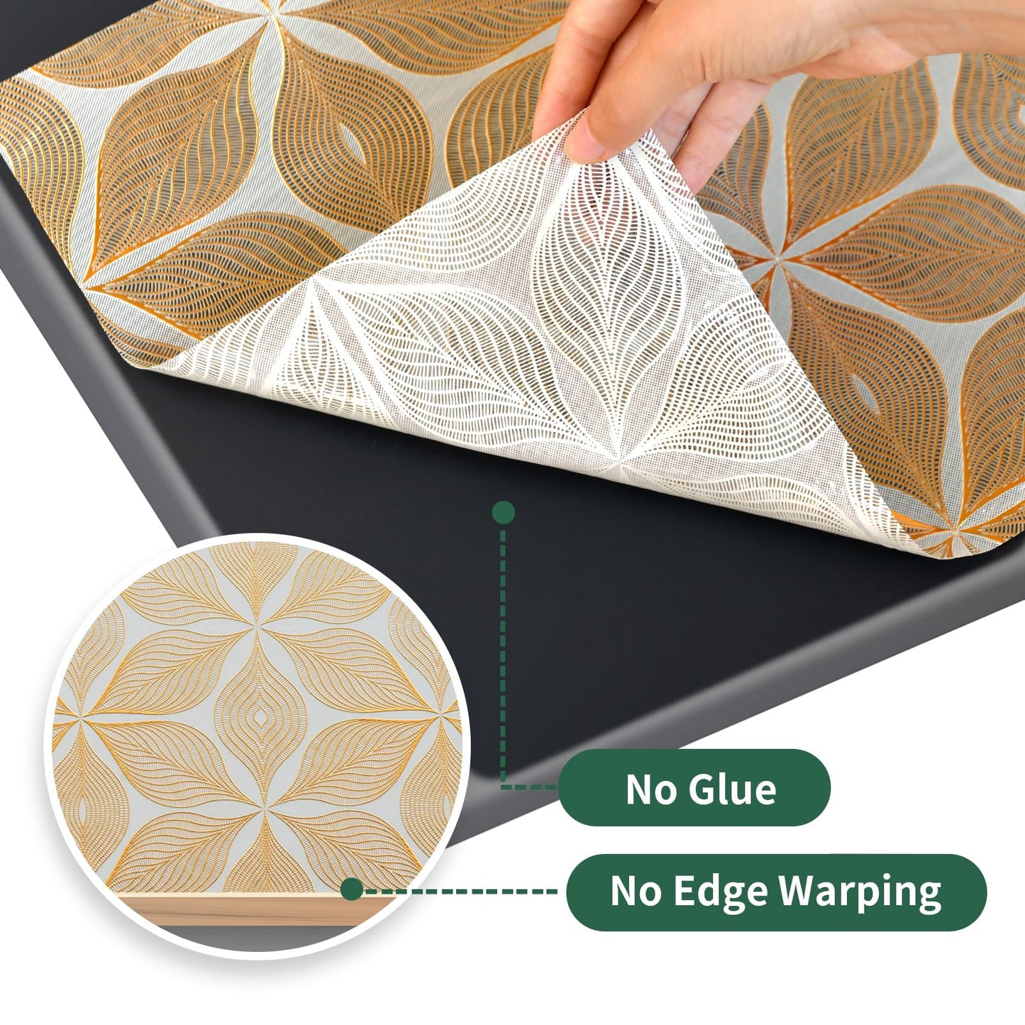 3D Drawer and Shelf Liner for Kitchen Cabinet: 17 in X 30 Ft Waterproof Shelf Paper Non Adhesive Refrigerator Liners Golden Leaf Easy Liners for Bathroom with Knife Tape Measure
