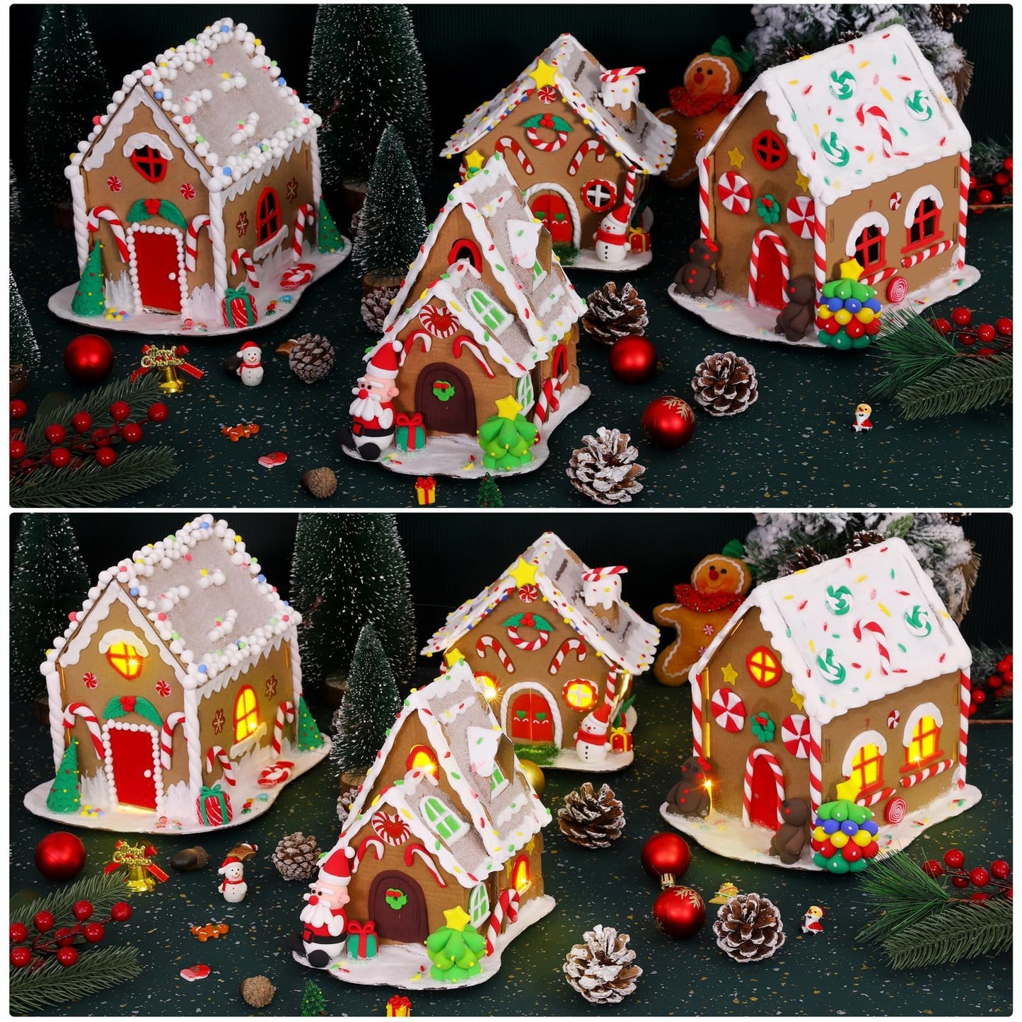 Fovths 4 Sets Clay Christmas Gingerbread House Kit with Lights Craft Cardboard Gingerbread House DIY Christmas Decorations Holiday Activity Arts and Crafts for Christmas Party Supplies Decoration