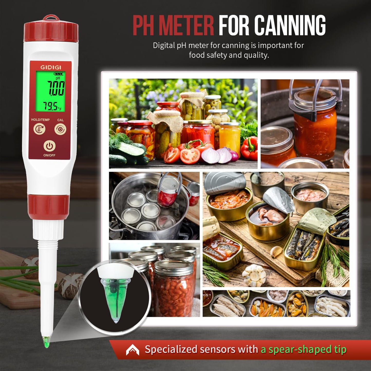 pH Meter for Food Digital pH Meter for Fermentation Hot Sauce Canning Spear Tip pH Food Tester Probe for Cheese Cooking Sourdough Bread Saliva Water Resistant Food Acidity Tester for Solid and Water