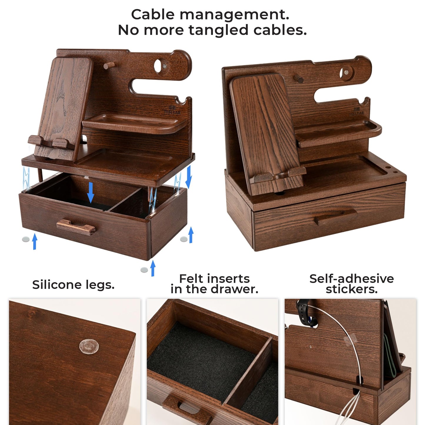 TESLYAR Wood Phone Docking Station with Drawer - Nightstand organizer- Desk Organizer for Husband - Birthday gifts for Men or Dad - Idea for Anniversary - Key Holder Stand Watch & Accessories (Brown)