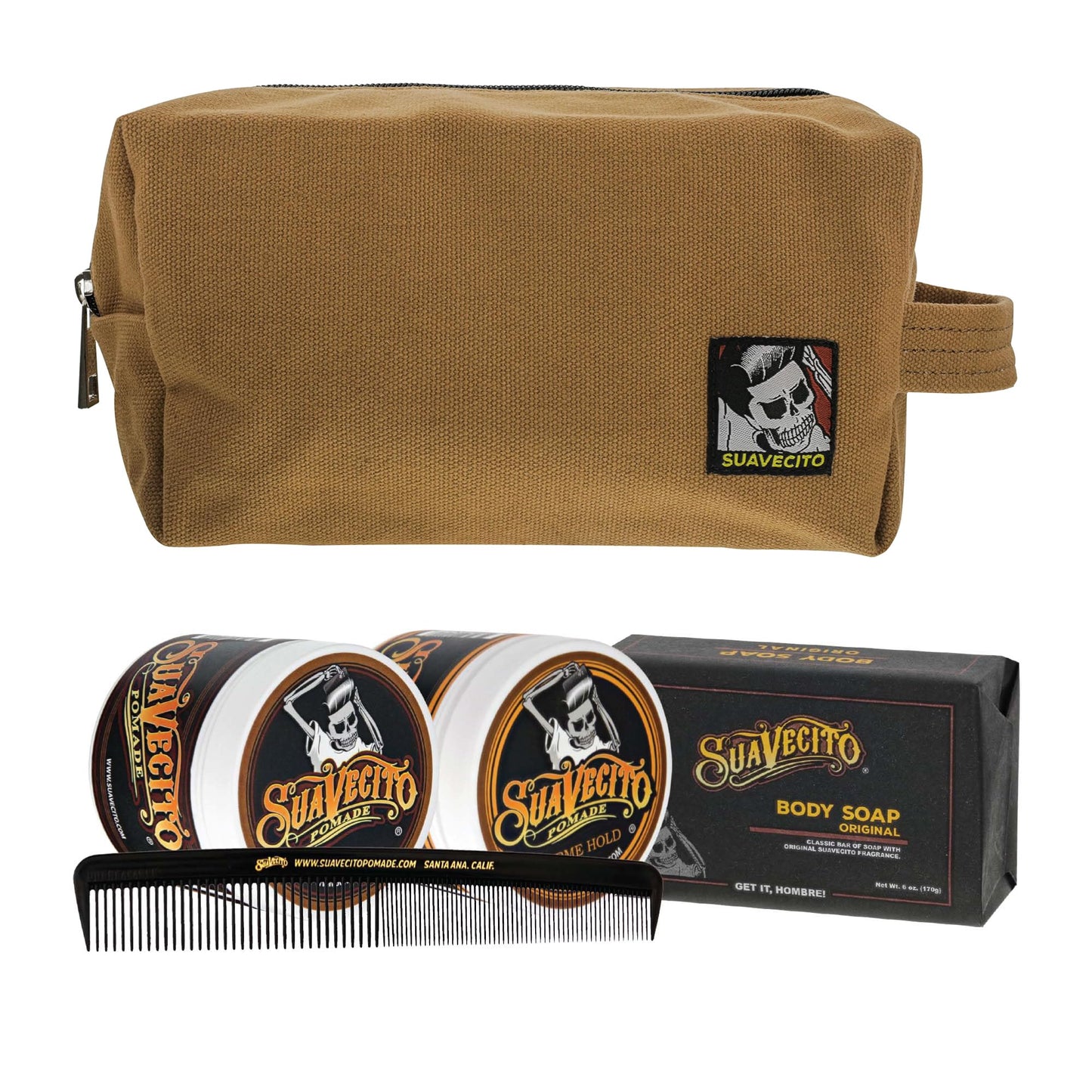 Suavecito Men's Hair Grooming Set OG & Firme (Strong) Hold Pomade, Body Soap, Large Deluxe Comb & Sand Canvas Bag