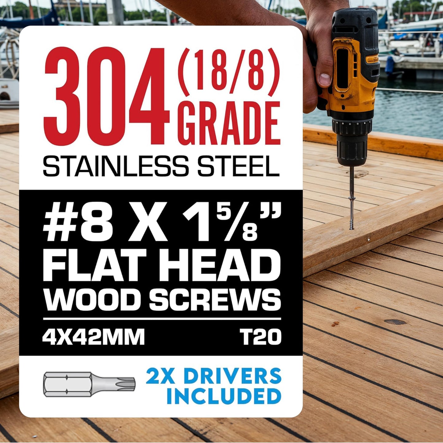 #8 x 1 5/8 Inch Stainless Steel Wood Screws | 304 Grade (1750 Pack) | Flat Head T20 Star Torx Drive | Stainless Wood Screws by Eagle Claw Fasteners | Corrosion & Rust Resistant (Includes 2 Driver Bit)
