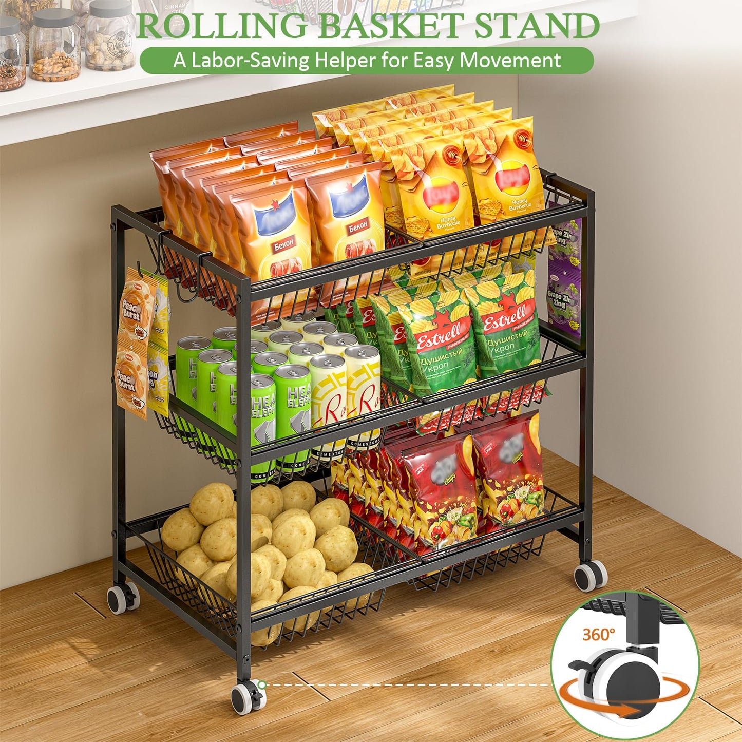 3-Tier Rolling Pantry Floor Organizer Cart with 6 Detachable Baskets, Metal Wire Fruit Basket Stand with Wheels, Kitchen Storage Cart for Fruit Vegetables, Snack Cart for Pantry Kitchen Living Room