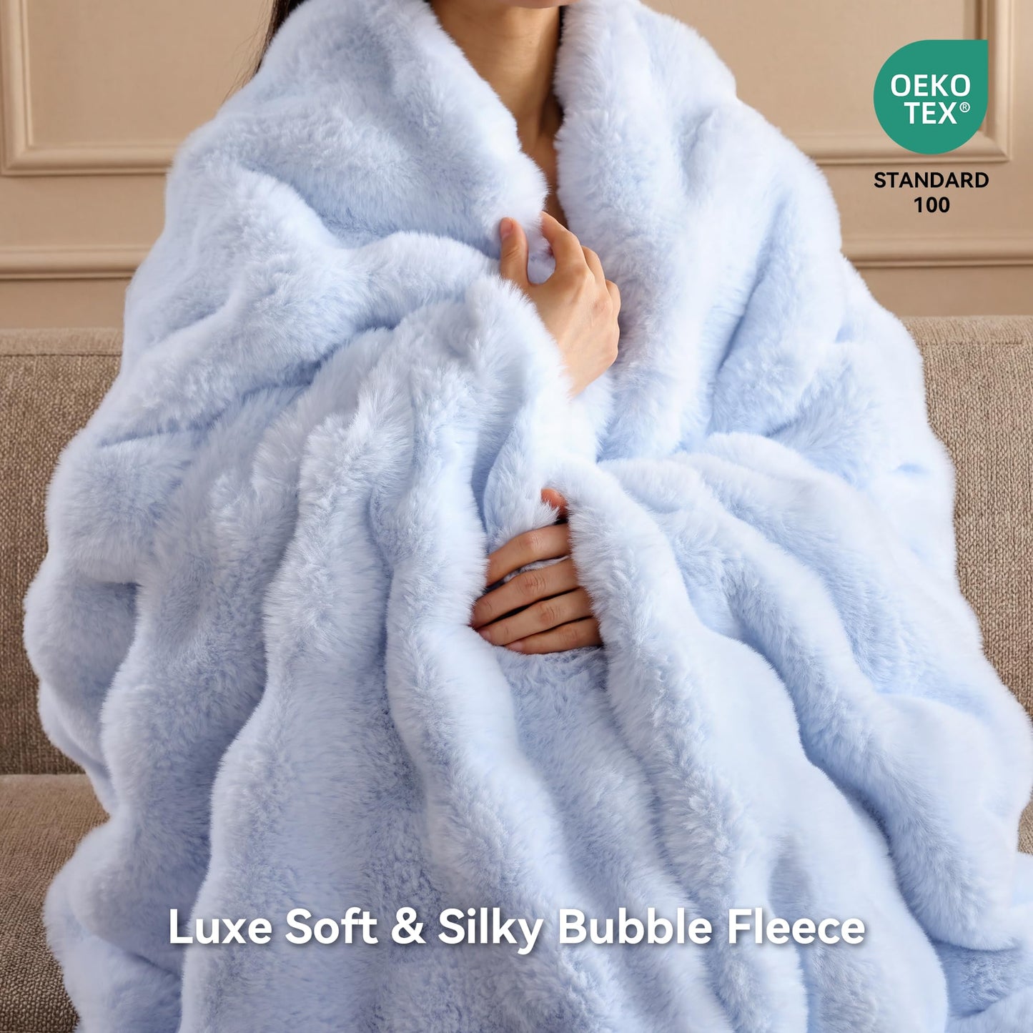 Smoofy Faux Fur Throw Blanket for Couch - Light Blue Super Soft Cozy Bubble Blanket, Fluffy Plush Fuzzy Throw for Sofa & Bed, Thick Lightweight Warm Blanket, Luxury Aesthetic Gift for Women 50"x60"