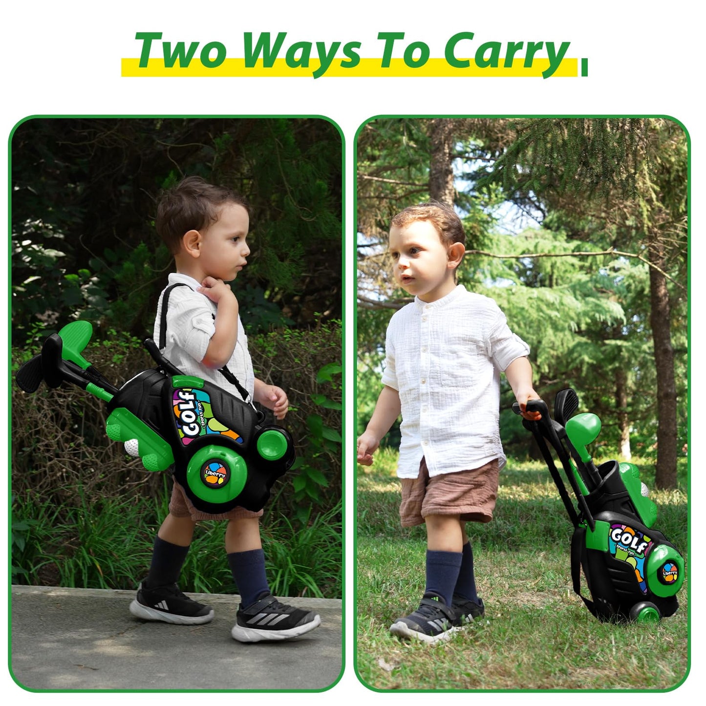 Liberry Toddler Golf Set with Putting Mat for Boys Girls Age 2 3 4, Upgraded Kids Golf Cart with Shoulder Strap Design, Outdoor Indoor Sports Toys for Birthday Gift, Black