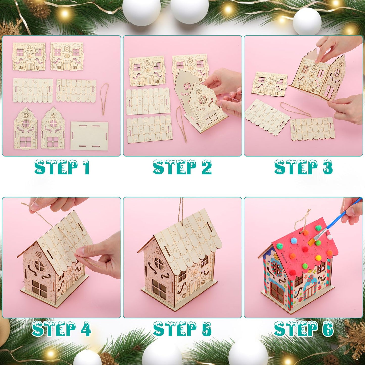 DoubleFill 36 Pcs Wood Gingerbread House Craft Kit for Kids DIY Wooden Christmas Birdhouse Craft Kits Holiday Village Houses Make a Gingerbread Wooden House for Xmas Party Game Supplies