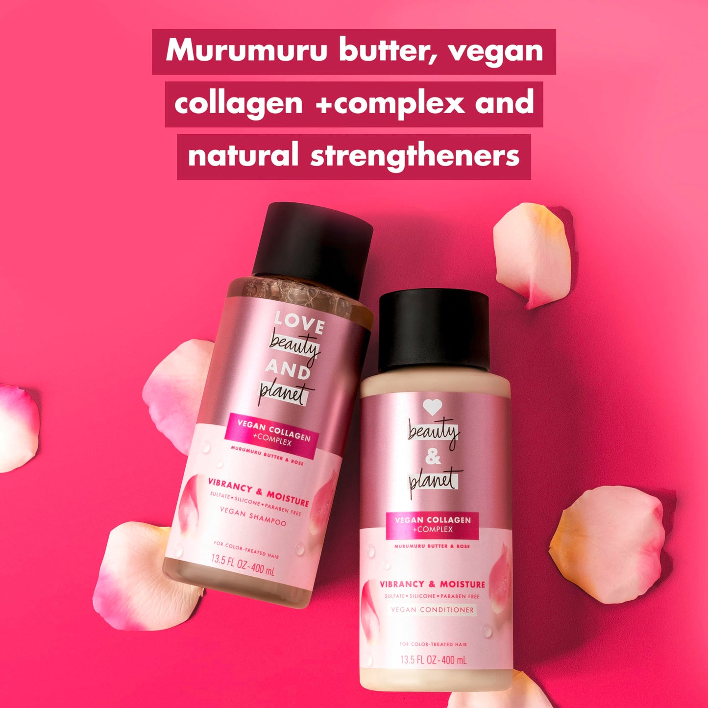 Love Beauty and Planet Vegan Collagen Moisture Shampoo Murumuru Butter & Rose Pack of 4 for Color-Treated Hair Vibrancy, 13.5 oz