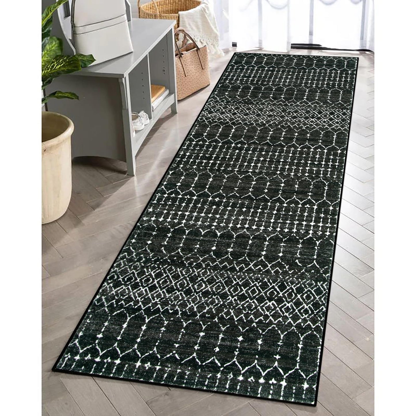 Lahome Moroccan Black Long Runner - Washable Hallway Rug, Ultra-Thin Non Slip Kitchen Runner, Soft Modern Print Indoor Floor Carpet for Entryway Stair (Black, 2'5''x12'')