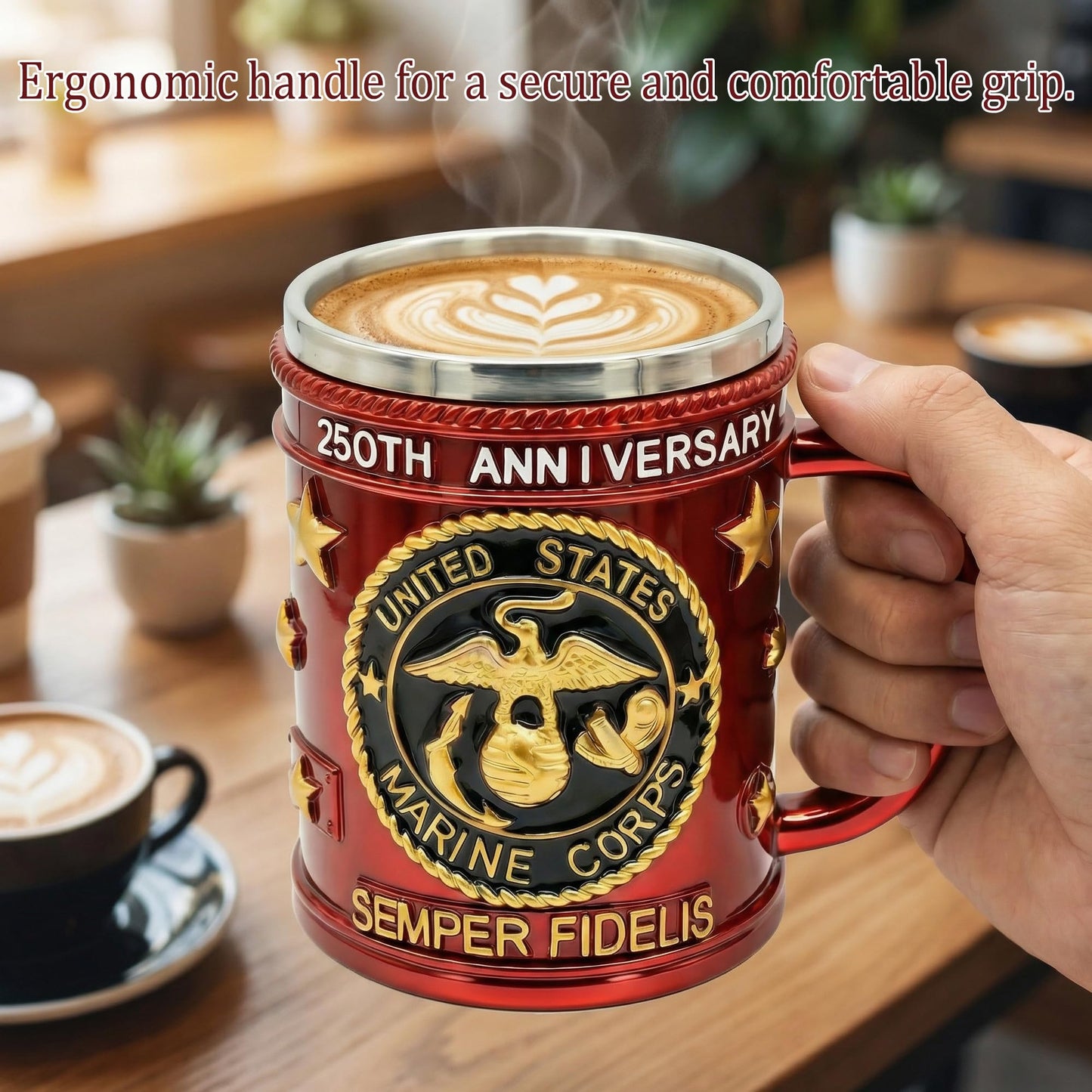 FEIOOD Metal Heavy Marine Corps Coffee Mug, USMC Anniversary 15oz Mug, Stainless Steel Army Mug, Veteran Gift & Military Collectible