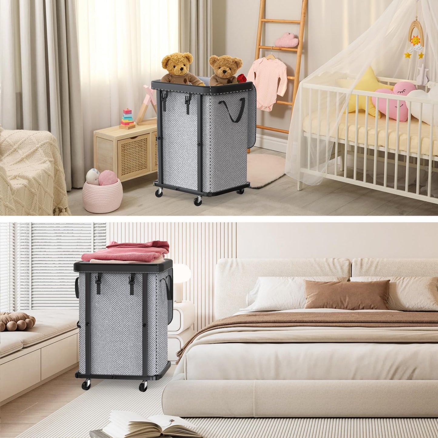 150L (40 Gal) Large Fashion Laundry Basket with Wheels, Leather Patchwork Rolling Hamper Carts, Sturdy Metal Frame, Removable Washable Bag, Tall Clothes Sorter for Bedroom, Laundry Room - Gary