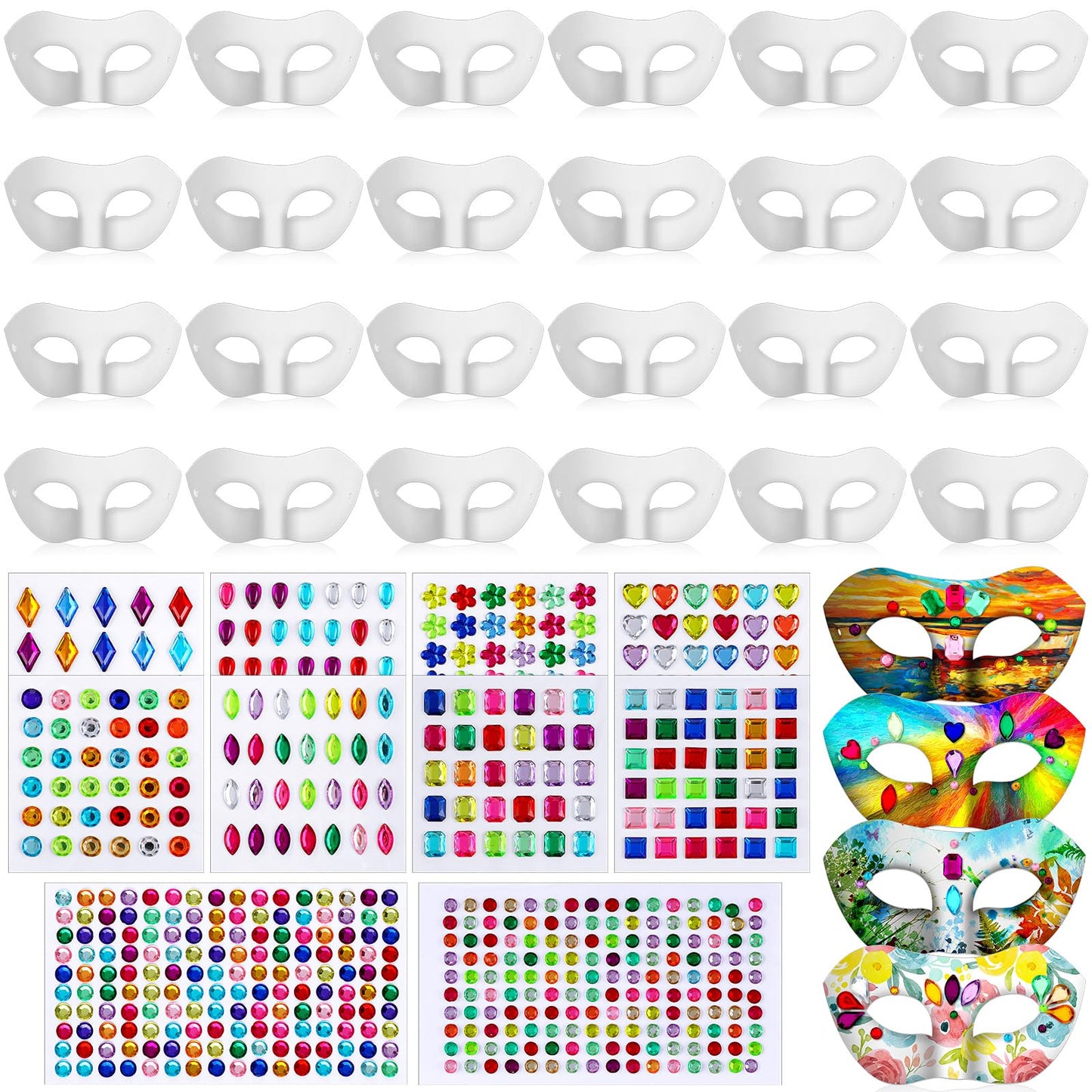 Leyndo 24 Pack Paper Mache Mask Masquerade Mask and Gem Stickers Mardi Gras Blank to Decorate Self Adhesive Sticker White Craft