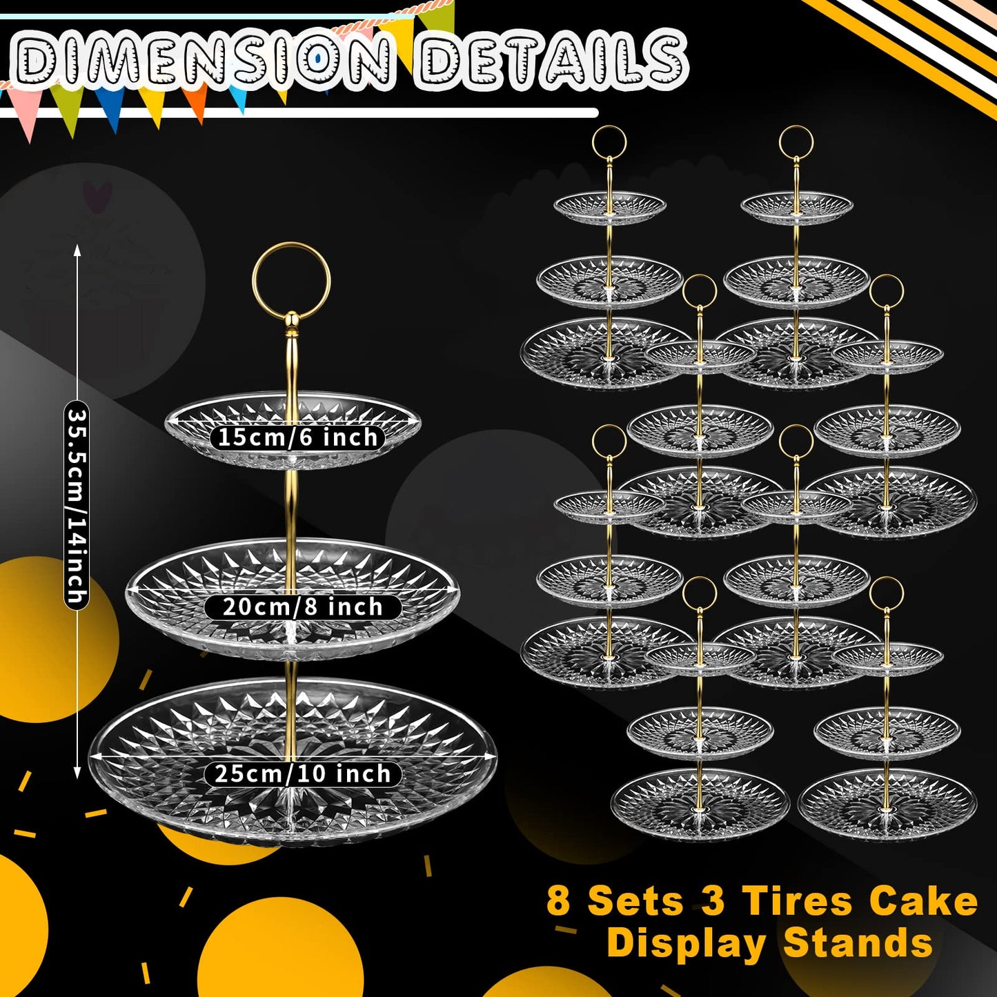Patelai 8 Packs 3 Tier Crystal Acrylic Clear Cake Stand with Gold Round Holder Acrylic Cupcake Stand Holder for Home Wedding Holiday Birthday Baby Shower Tea Party (Clear)