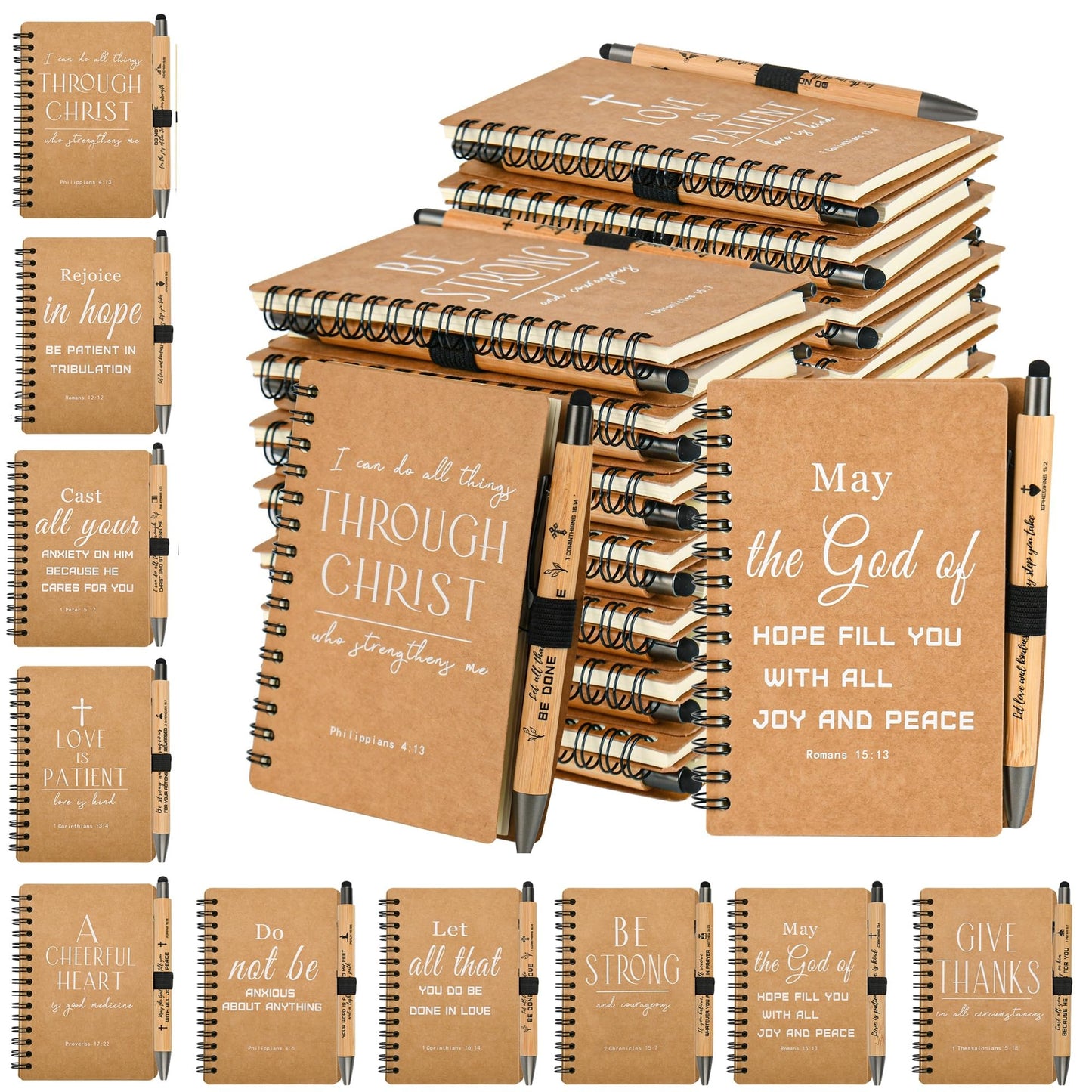 INSADA Christian Prayer Journal Spiral Notebooks Bulk with Pens - Small Lined Notepads (4.13”x5.43”) - Father Day Gifts for Women,Church Members & Bible Study Groups (30 sets Brown)
