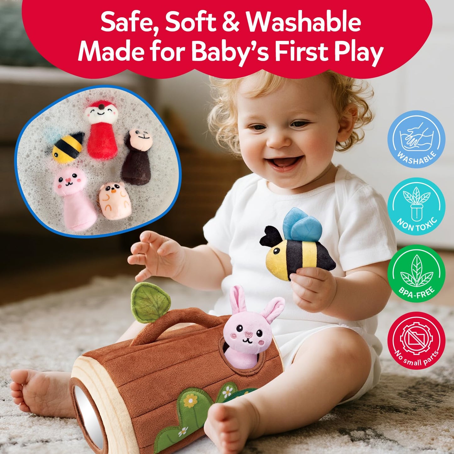 CuteZone Baby Toys 6-12 Months, Stuffed Animals for Babies, Soft Plush Forest Sensory Toy Set with Rattle, Crinkle, Mirror and Tree Stump Storage, Cause and Effect Baby Toy