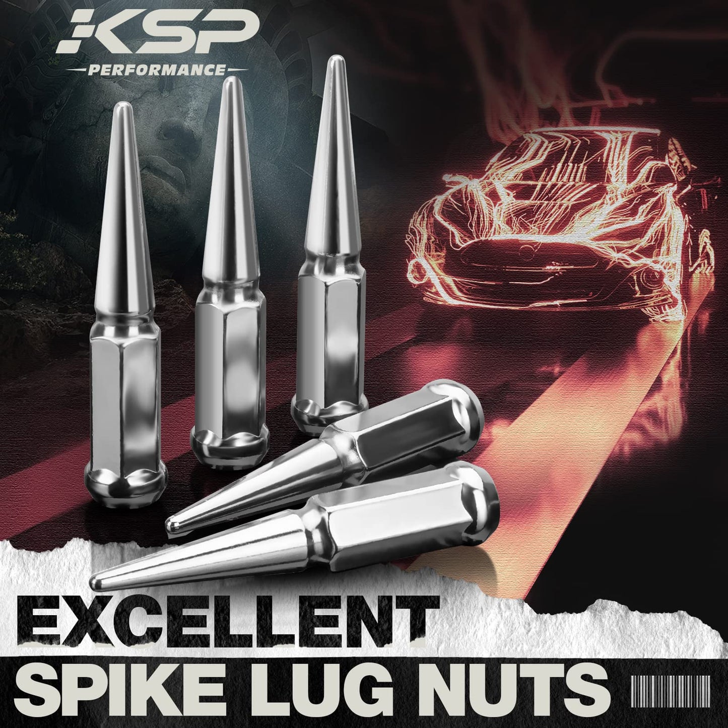 KSP M14X1.5 Spike Lug Nuts, 32PCS Chrome 14mmx1.5 Wheel Spiked Lug Nut for Silverado Sierra 1500 2500 3500 F150 F250 F350, 19mm Hex Closed End Nut with 1 Socket for Aftermarket Wheel