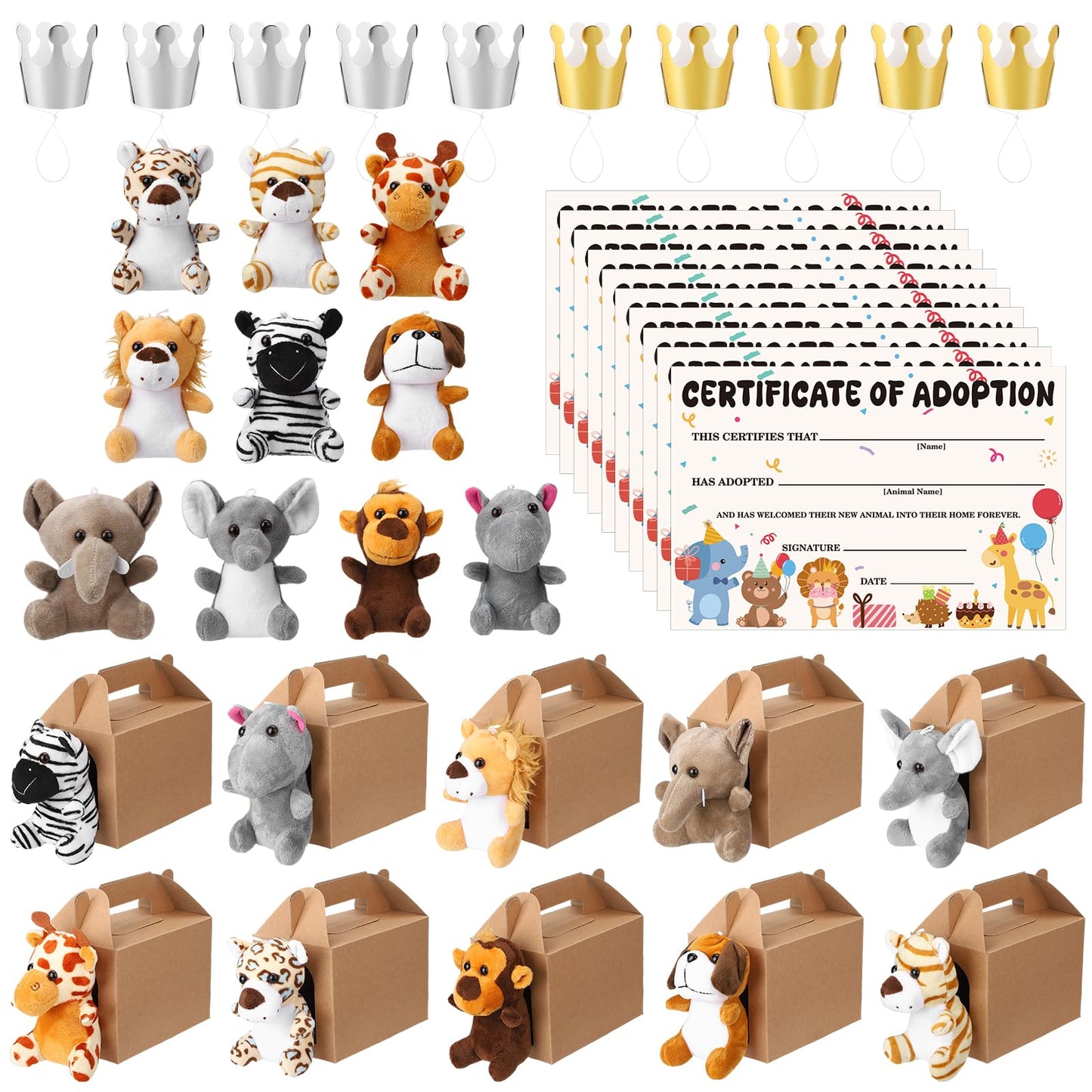Guiqulai 40Pcs Adopt A Pet Party Favors Mini Stuffed Animals Plush Toy Set Includes 10Pcs Safari Jungle Animal Plush Toys, Birthday Hats, Kraft Paper Boxes, Adoption Cards for Adopt A Animal Party