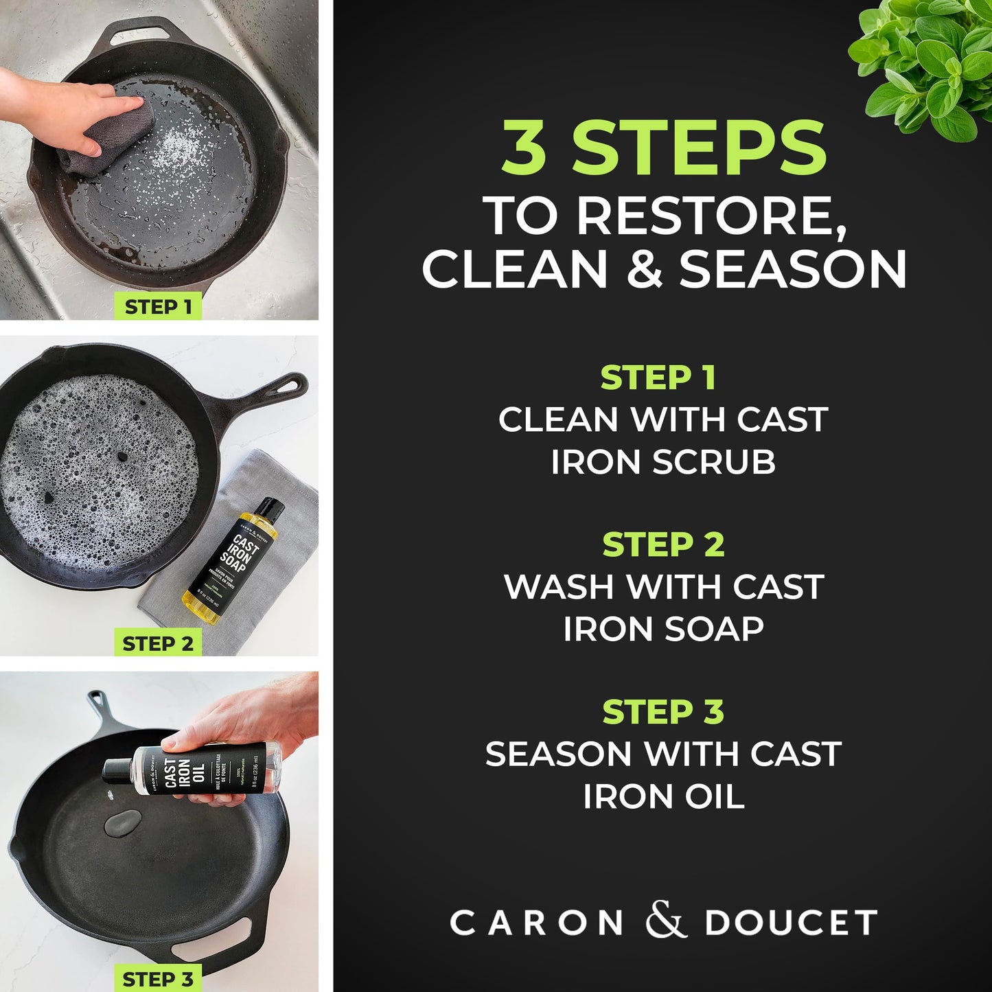 CARON & DOUCET – Ultimate Cast Iron Set PLUS: Seasoning Oil, Cleaning Soap & Restoring Scrub | 100% Plant-Based & Best for Cleaning Care, Washing, Restoring & Seasoning Skillets, Pans & Grills!
