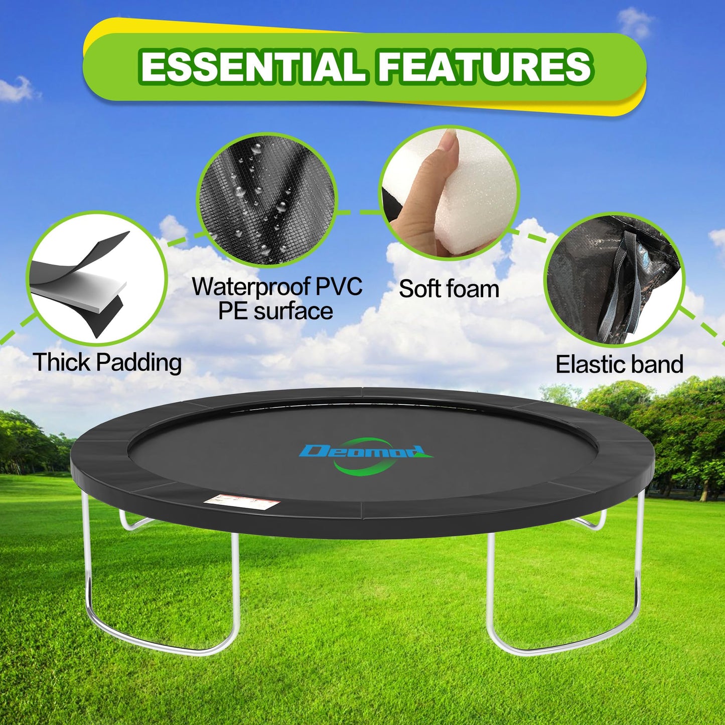Deomod Trampoline Pad, 10FT 12FT 14FT Trampoline Replacement Safety Pad, Universal Trampoline Pads, Spring Cover, Waterproof, Tear Resistant, Round Arch Trampoline Parts for Kids (Black, 12FT)