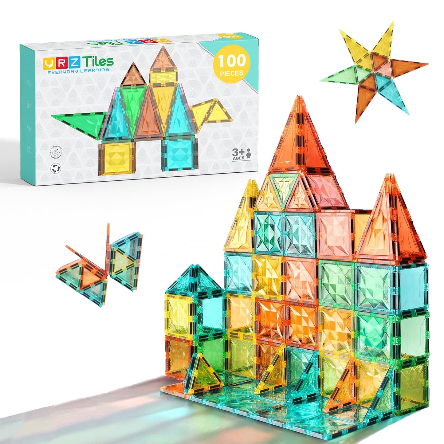 YRZtiles Magnetic Tiles 100-Piece Set for Kids, Magnetic Building Blocks STEM Toys for Age 3+ Boys and Girls, Educational Magnet Construction Tiles for Creativity & Learning