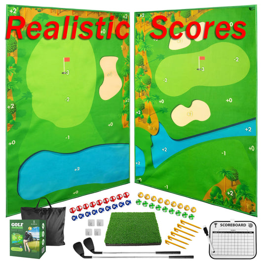 Battle Golf Game - Dual-Sided Golf Mat, Realistic Golf Course Design & Scoring System, Adjustable Height Clubs - Thick Grass-Like Golf Mat for Indoor/Outdoor Family Golf Activity (2 Clubs, 36 Balls)