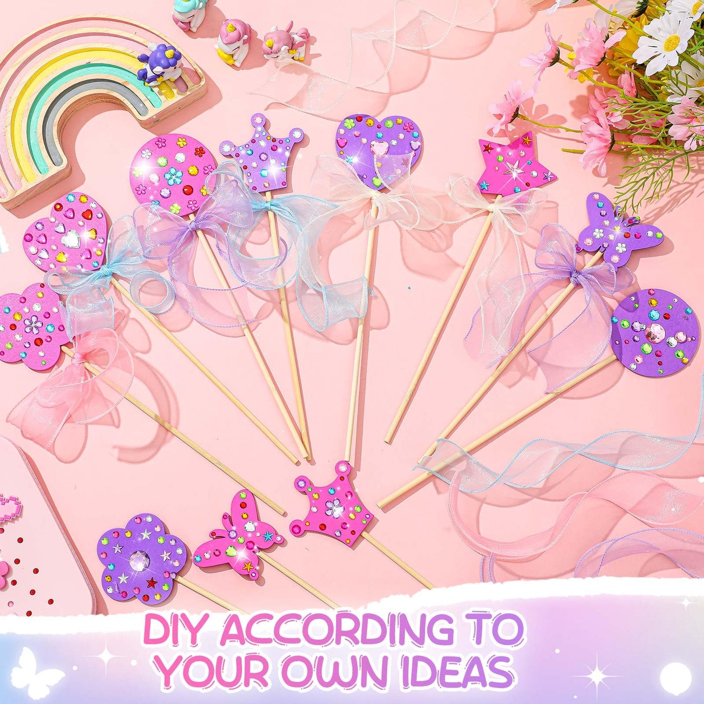 Juexica 48 Pcs DIY Princess Fairy Wands Kit Include Fairy Wands, Gems Stickers, Ribbons, Unfinished Make Your Own Wooden Princess Wand Kit for Birthday Party Supplies Craft Gifts