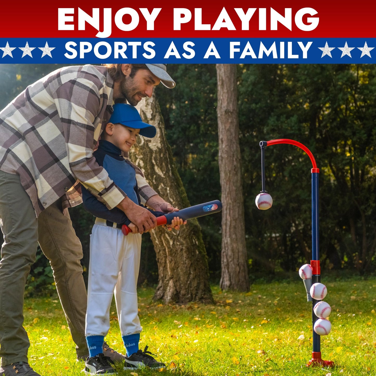 TOMLEON 3-in-1 Baseball Set for Kids 3-5 - Tee Ball Stand, Hanging Tee, Ball Launcher and 6 Softballs - Adjustable Height, Indoor/Outdoor Sport Gifts for Boys