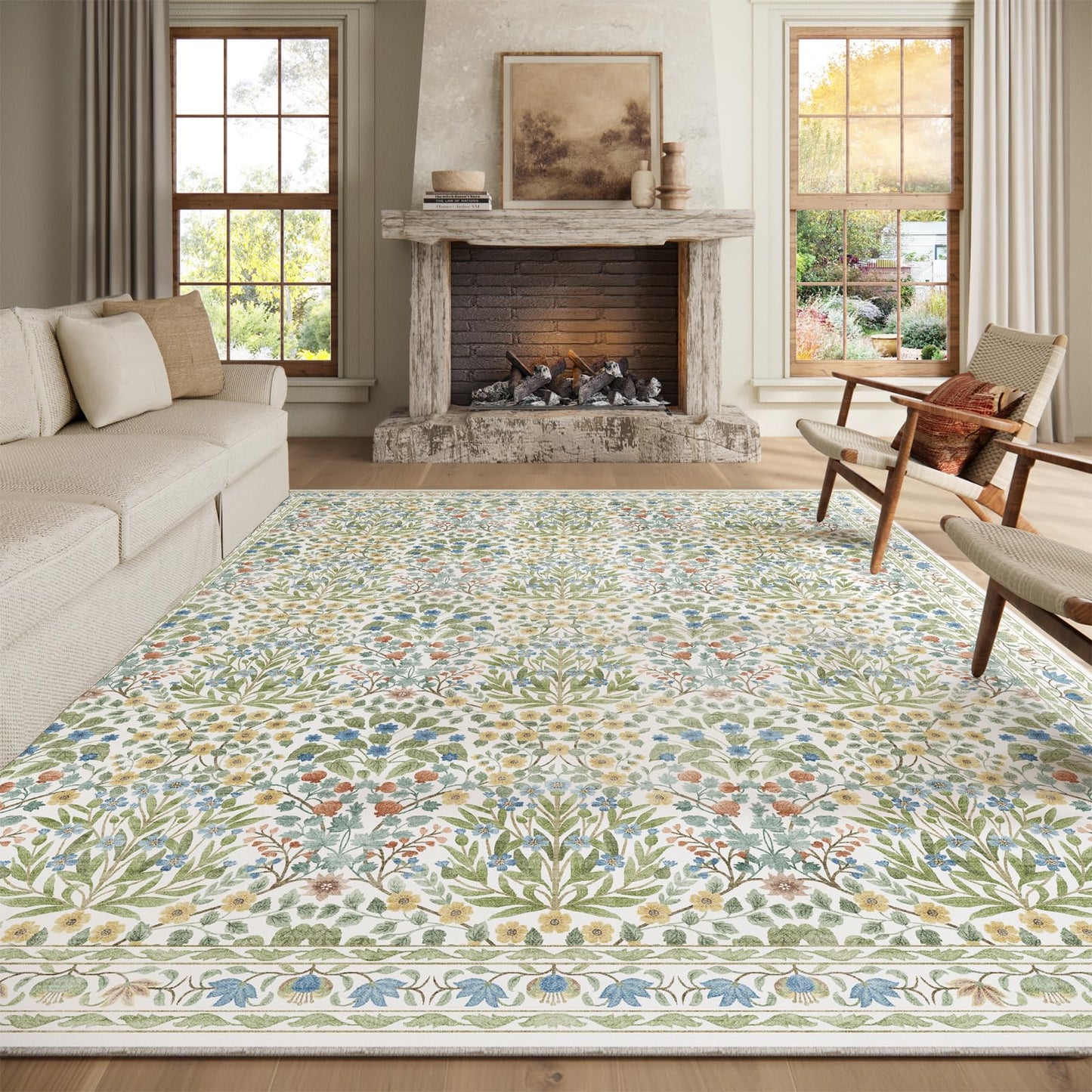 Washable 8x10 Area Rug - Light Green Oriental Design for Living Room, Bedroom, Dining Room & Under Kitchen Table - Stain Resistant, Non-Slip Large Rug