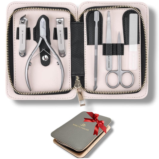 Beauty Power Manicure Pedicure Set 7-in-1 Stainless Steel, Ultra Sharp, Slanted Nail Clipper, Fingernail Clipper, Cuticle Nipper, Glass Nail File, Eyebrow Tweezers, Scissors, Case – Gift (Matte Grey)