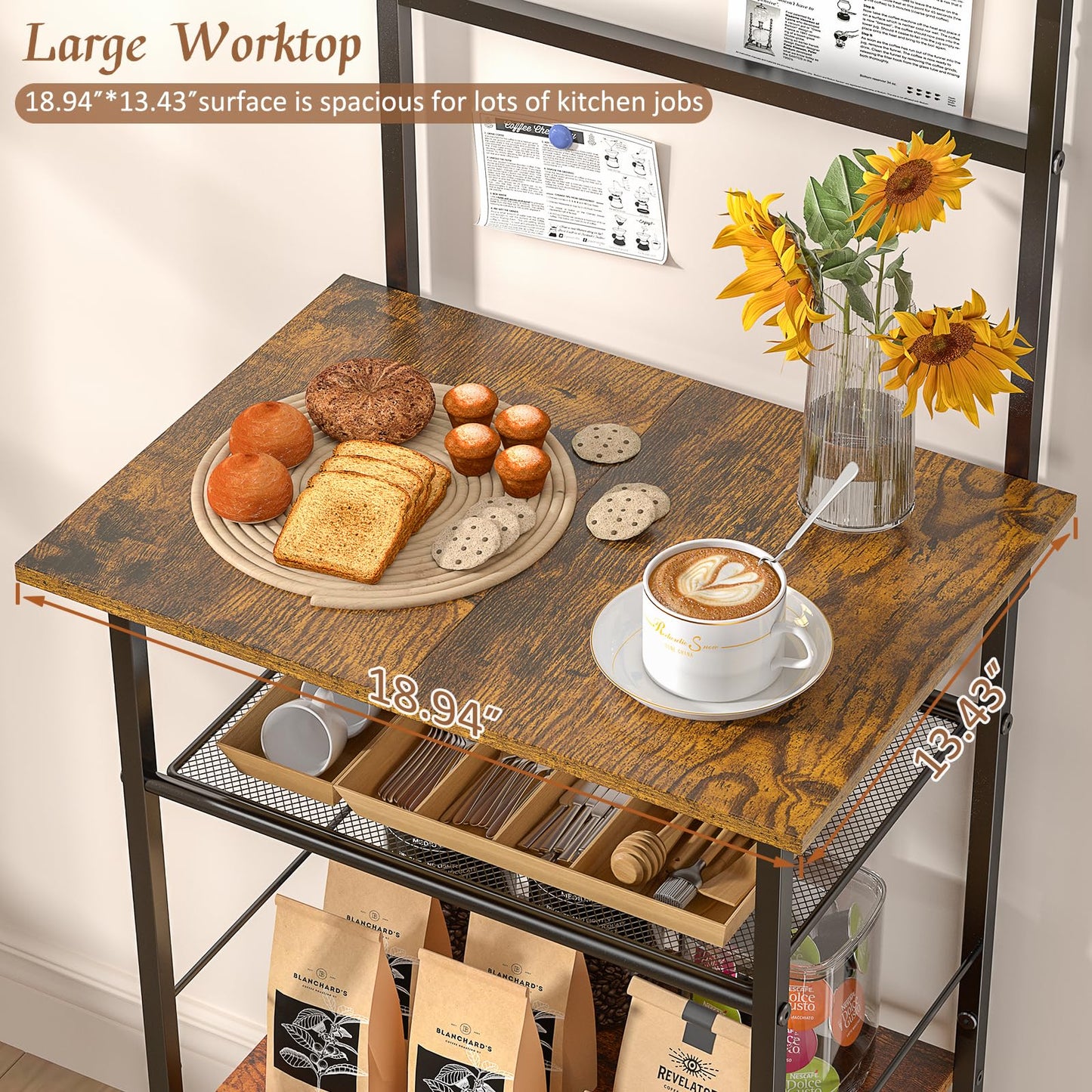 5 Tier Coffee Bar Station, Kitchen Stand with 4 S-Shaped Hooks, Farmhouse Corner Coffee Bar Cabinet for Small Spaces, Bakers Rack for Kitchen, Entryway, Living Room, 13.43" D x 18.93" W x 53.31" H