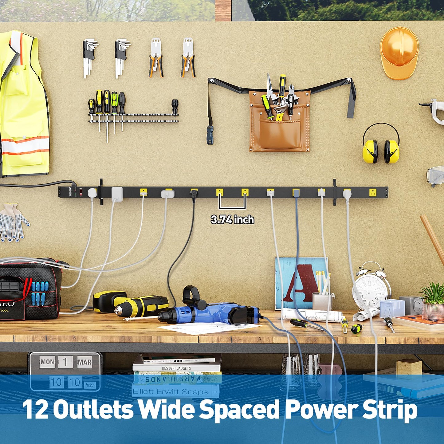 ZESEN 12 Outlet Long Power Strips Heavy Duty Garage Workshop Multi Wide Industrial Power Strip Surge Protector with 4ft Cord, ETL Certified, 1875W, Black