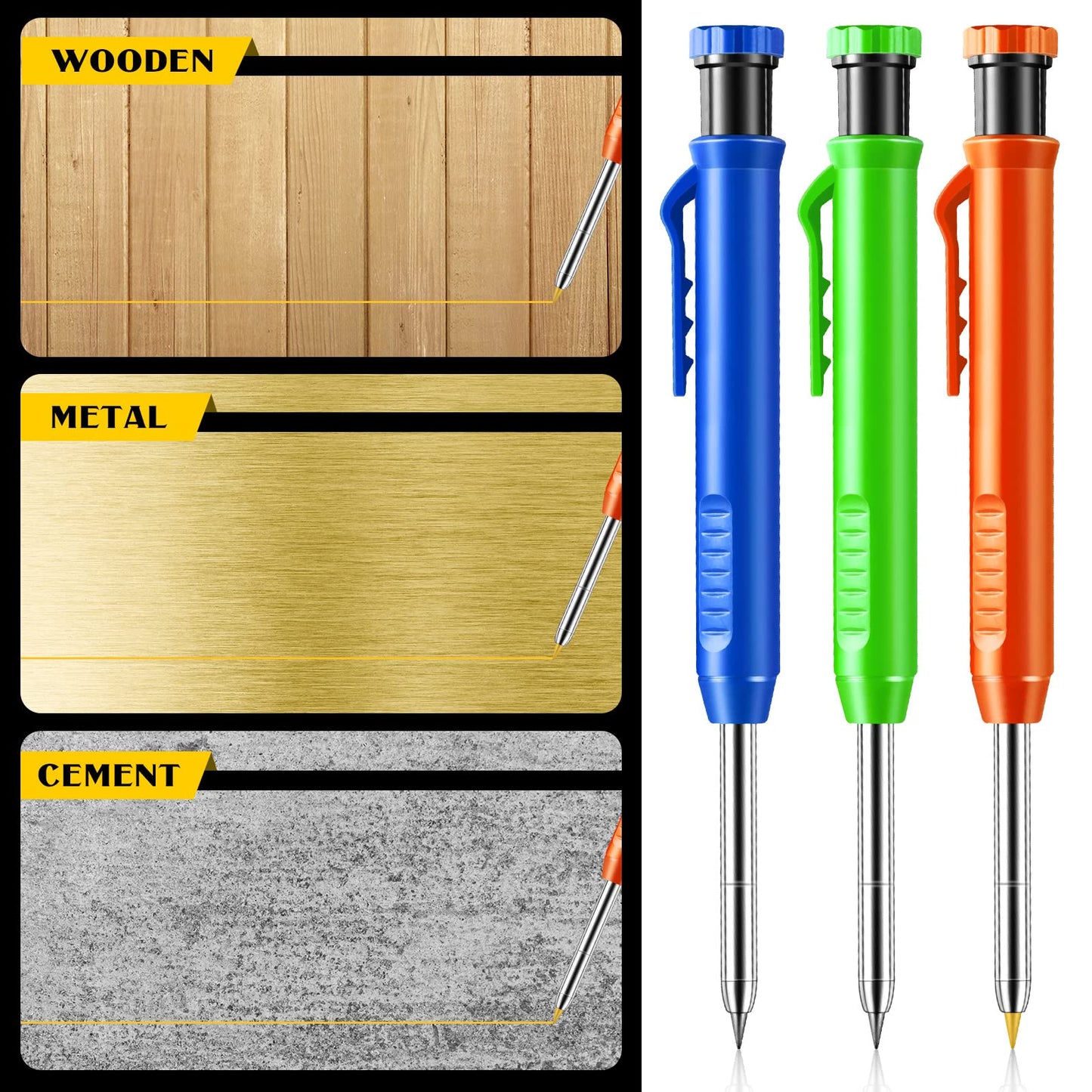 Sabary 10 Pcs Solid Carpenter Pencils with 60 Pcs 2.8mm Refills Long Nosed Deep Hole Mechanical Pencil Marker Construction Pencils with Built in Sharpener for Woodworking Drafting Architect Tool