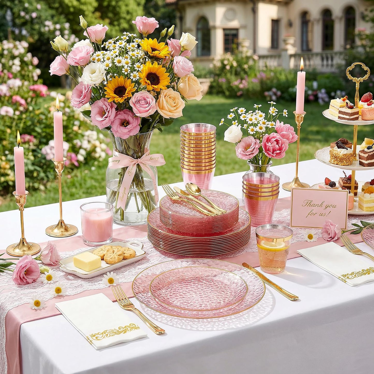 Rubtlamp 350 Pcs Clear Pink Plastic Plates, Pink Gold Plastic Dinnerware Set (50 Guests), Disposable Plates With Gold Rim, Hammered Party Plates Set for Wedding And Party