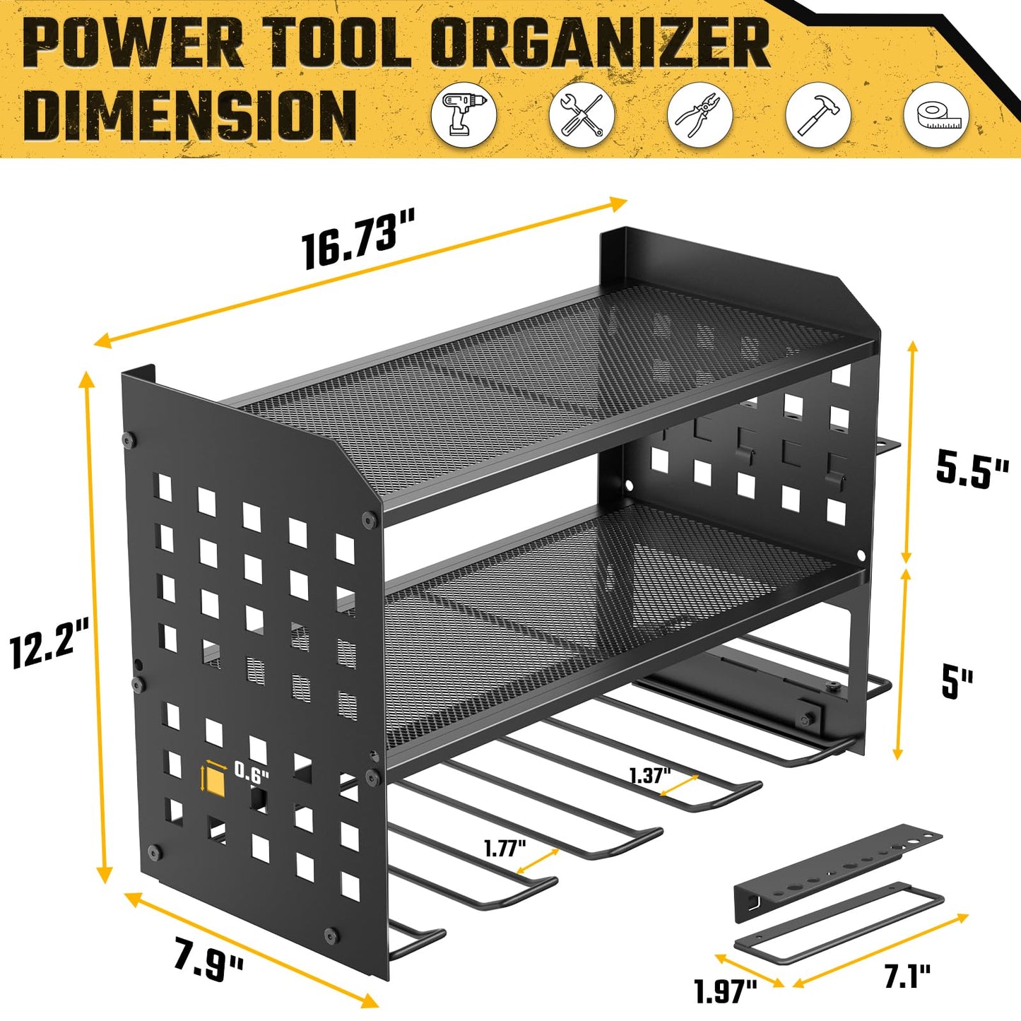 SPACECARE Power Tool Organizer, Drill Holder Wall Mount with 2 Side Pegboards with Hooks, 3 Layer Garage Organization Heavy Duty Tool Organizers Utility Rack for 4 Drill Holders Black