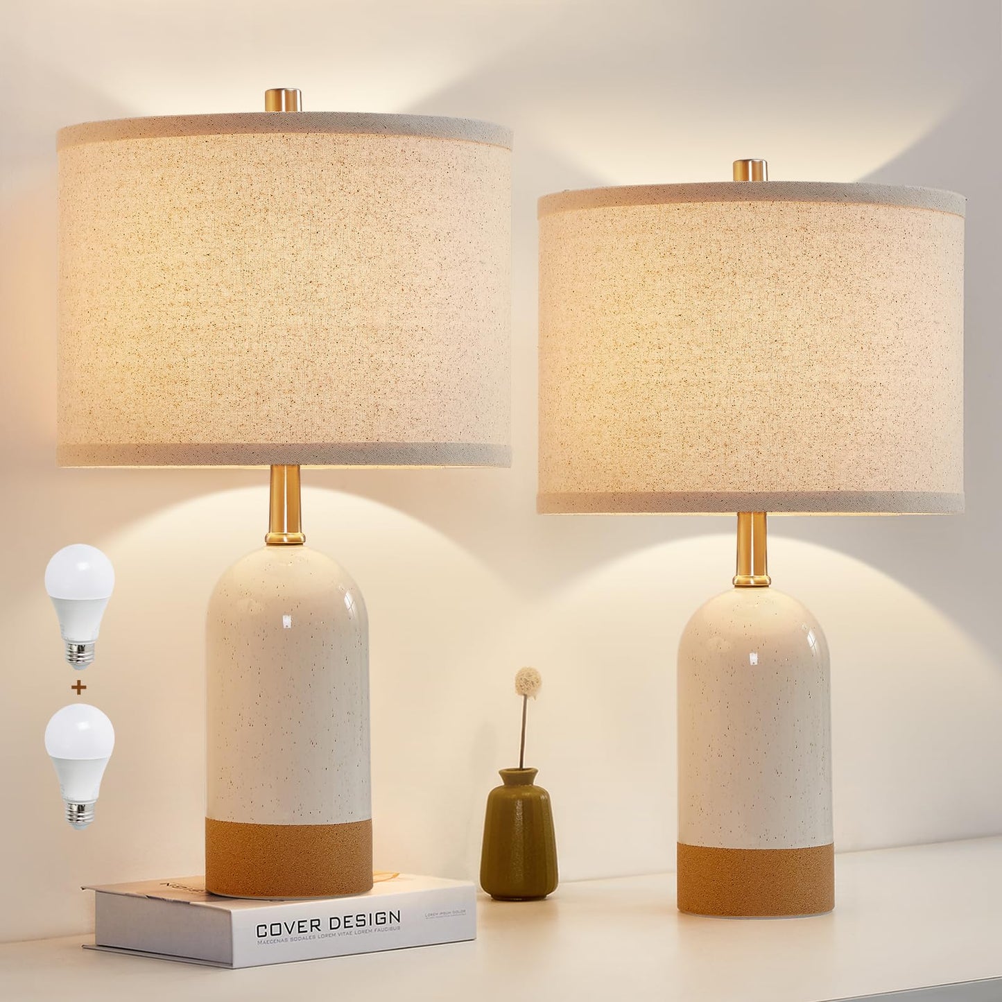 GyroVu Small Table Lamps Set of 2, Bedside Lamp for Bedroom, 21.5" Nightstand Ceramic Desk Lamp for Kids Room, Living Room, Dorm, Reading, Home Office, Bulbs Included