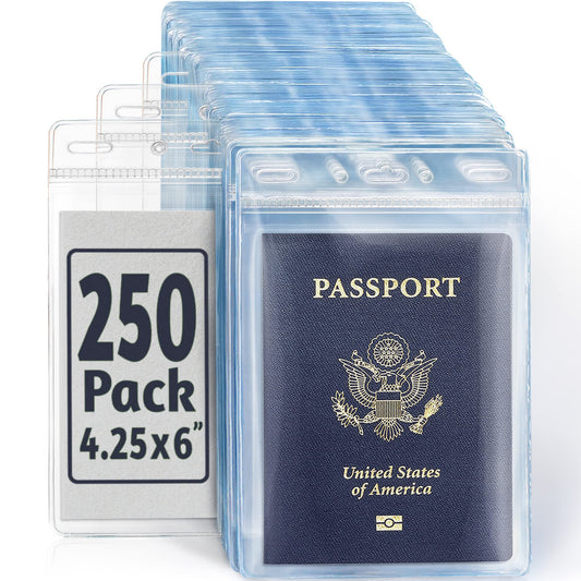 EcoEarth Passport & Identification Card Holders with Soft Edge (Clear, 4x6 Inch, 250 Pack), Extra Large Vertical ID Holder, Zipperless Plastic Name Badge Holders