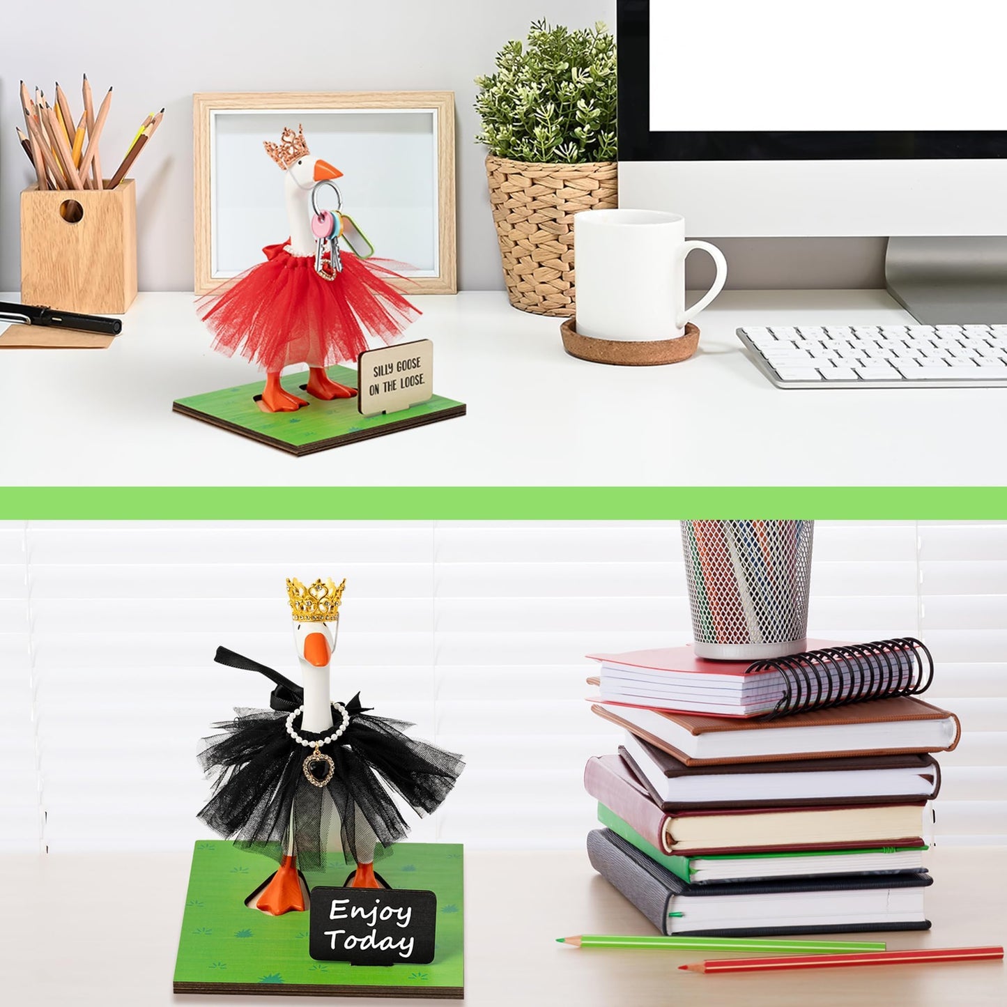 GudaAphrmix 29Pcs Desk Goose Statue Goose Outfits with Tutu Dress Crystal Crown Necklace, 7inch Resin Mini Goose with Writable Sign Chalk, Small Desk Duck Figurine for Office Home Art Decor