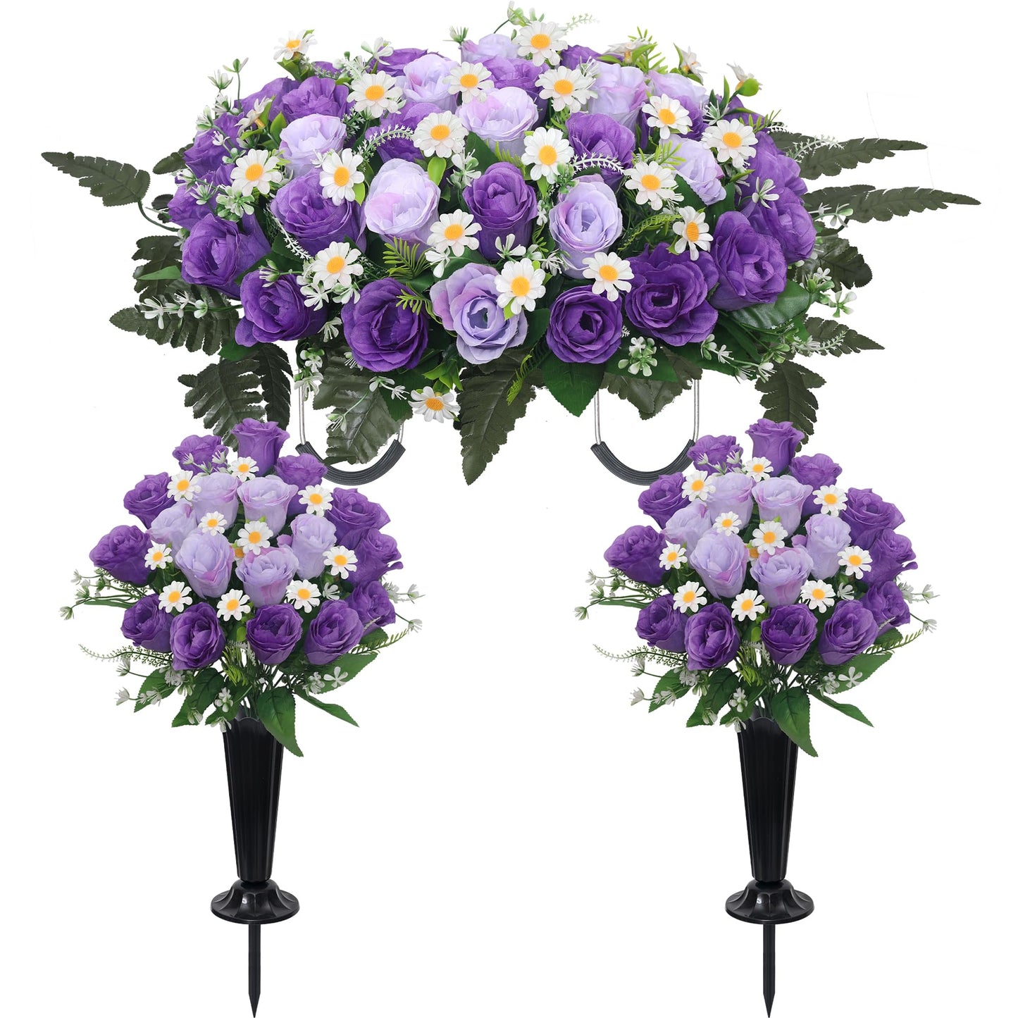Wocst Headstone Flower Saddle,Large Artificial Cemetery Flowers for Grave 2Pack Artificial Silk Roses Daisy Bouquets with Cemetery Vases for Outdoor Grave Decorations (Purple)