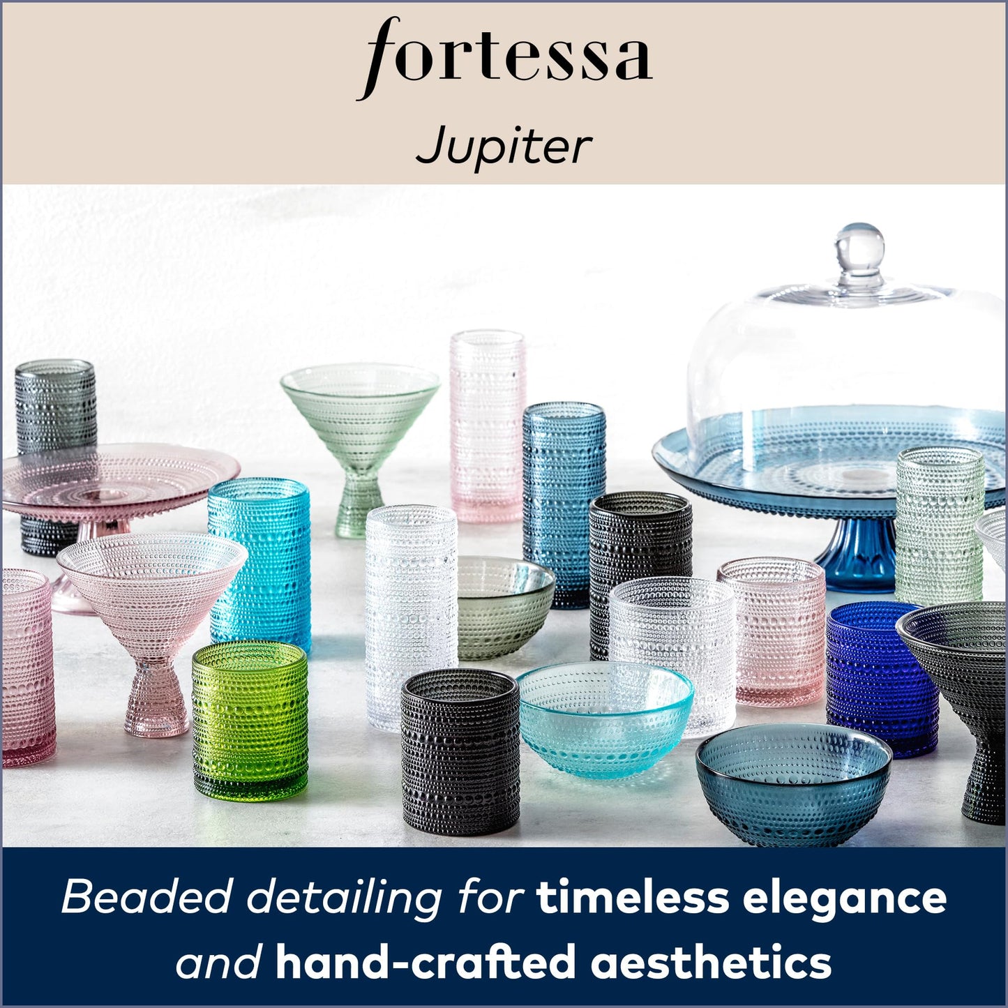 Fortessa Jupiter Beaded Hobnail Glass, 13 Ounce Iced Beverage (Set of 6), Cornflower Blue