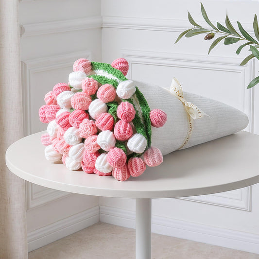 Crochet Flower Bouquet Throw Blanket, 43inch Handmade Knitted Blanket with Rose Flowers, Cute Romantic Gift for Her Girlfriend Mom Mother’s Day Valentine Wedding Anniversary Birthday, Pink and White
