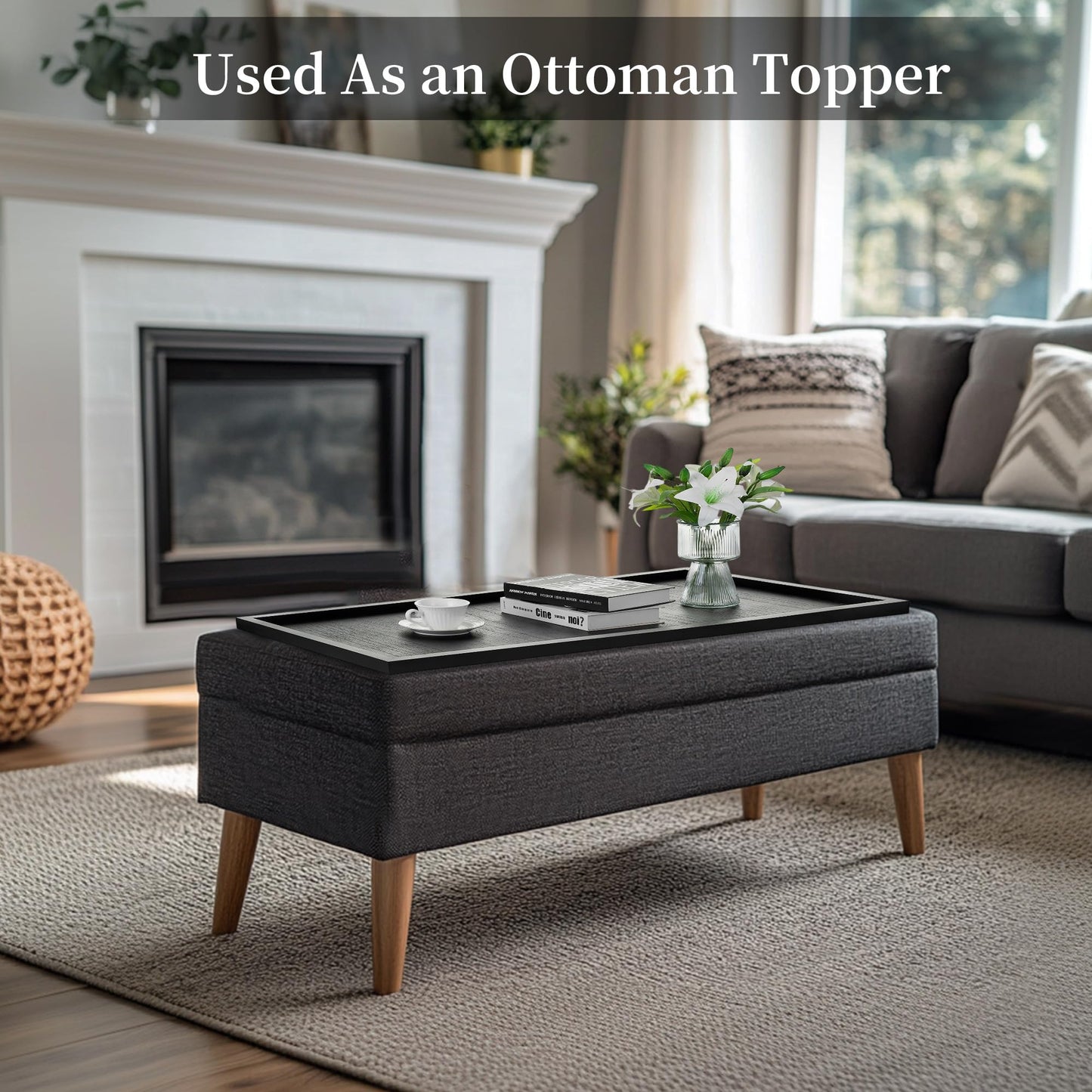 Hanobe Large Ottoman Serving Tray: Farmhouse Wood Decorative Coffee Table Trays for Home Decor Living Room for Black Long Kitchen Counter Topper