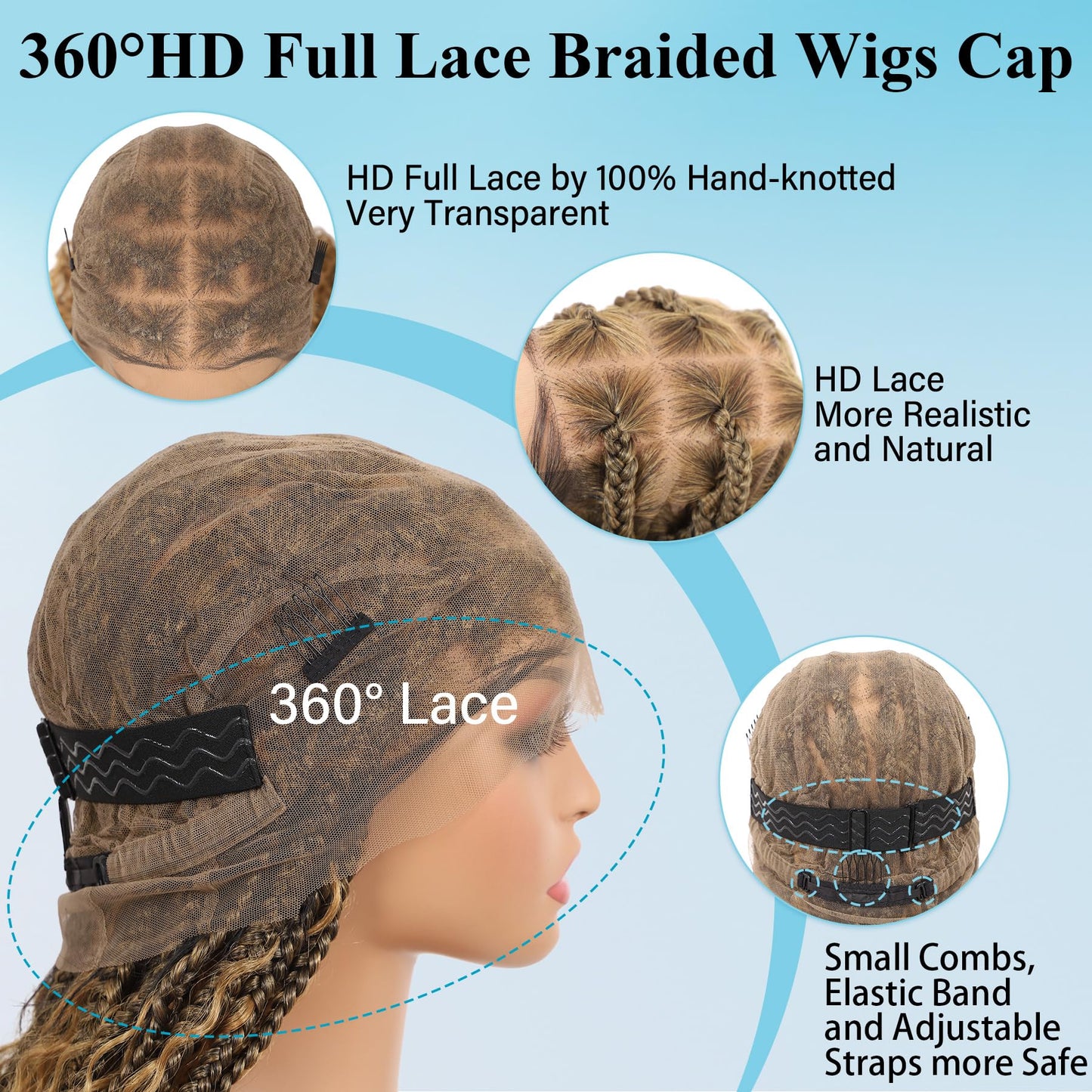Olymei 360° HD Full Lace Braided Wigs Boho Braided Wigs Square Knotless Braided Wigs for Women Box Braid Wig with Curly End Braided Lace Front Wigs with Baby Hair Human Hair Blended 36" Light Brown