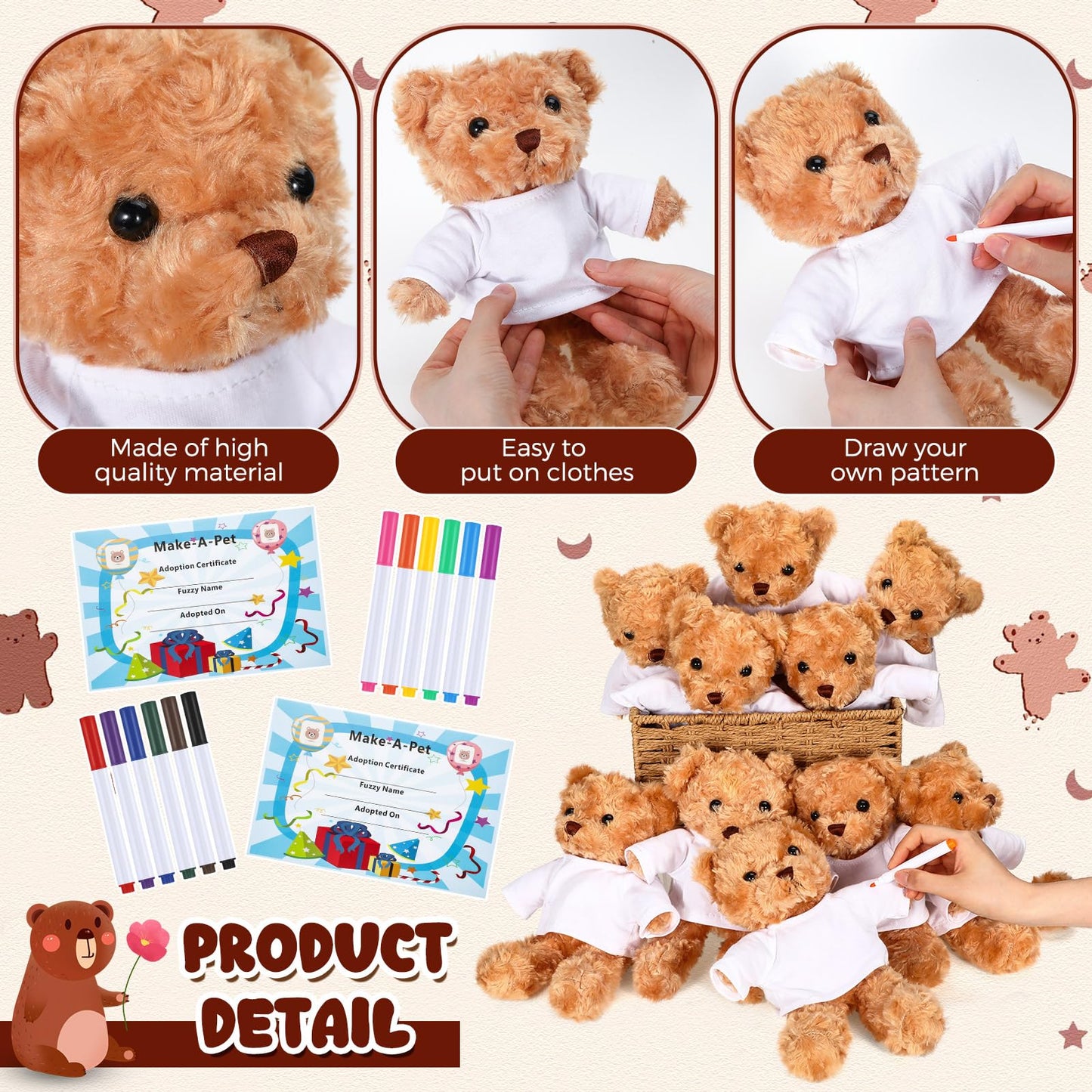 Blueweenly 40 Pcs Make Your Own Stuffed Bear Gift Kit 10 Pcs 9.84 Inches Rose Velvet Bear 10 White T Shirt 10 Set 12 Color Watercolor Pen 10 Paper Card DIY