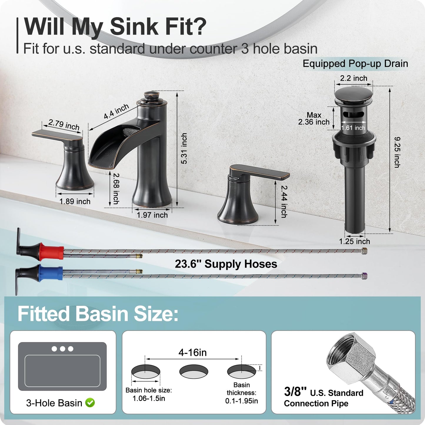 HEYMYTAP Waterfall Bathroom Faucets 3 Hole, 8 Inch Brass Oil Rubbed Bronze Bathroom Faucet, 2 Handles Bathroom Sink Faucet, Widespread Faucet for Bathroom Sink with Pop-up Drain & Hose