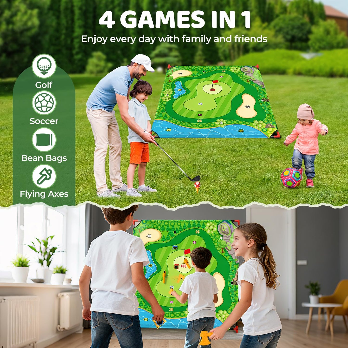 DyBaxa Golf Chipping Game - Golf Battle Game for Kids, 54*54 Golf Target Mat with 16 Sticky Balls, 8 Bean Bag, 6 Axe, 2 Soccer, Perfect for Family Fun, Outdoor Lawn, Poolside, Backyard Party Activity