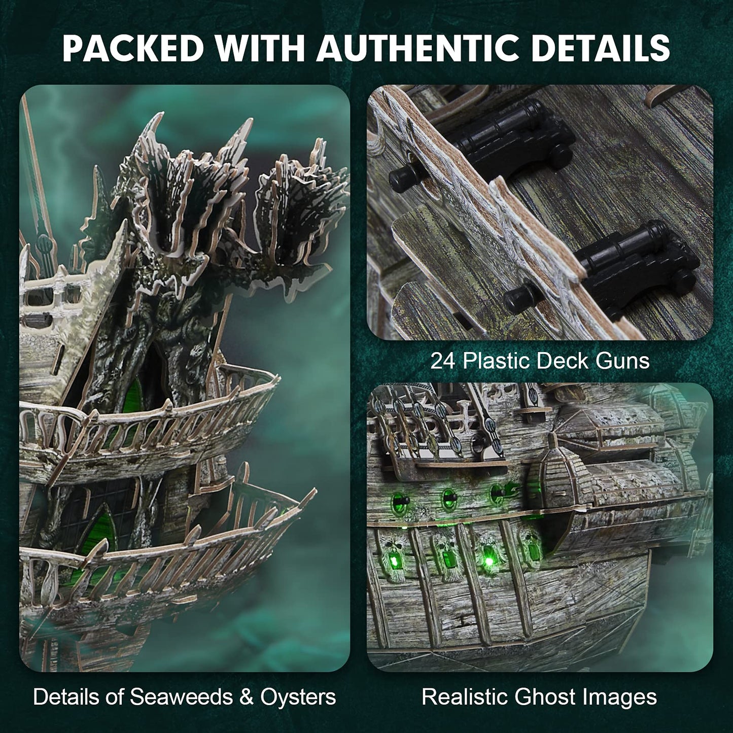 CubicFun 3D Puzzles for Adults Crafts for Adults Gifts for Men Women Green LED Flying Dutchman 360 Pieces Pirate Ship Family Games Birthday Gifts for Men, Lighting Ghost Ship Room Decor Model Kits