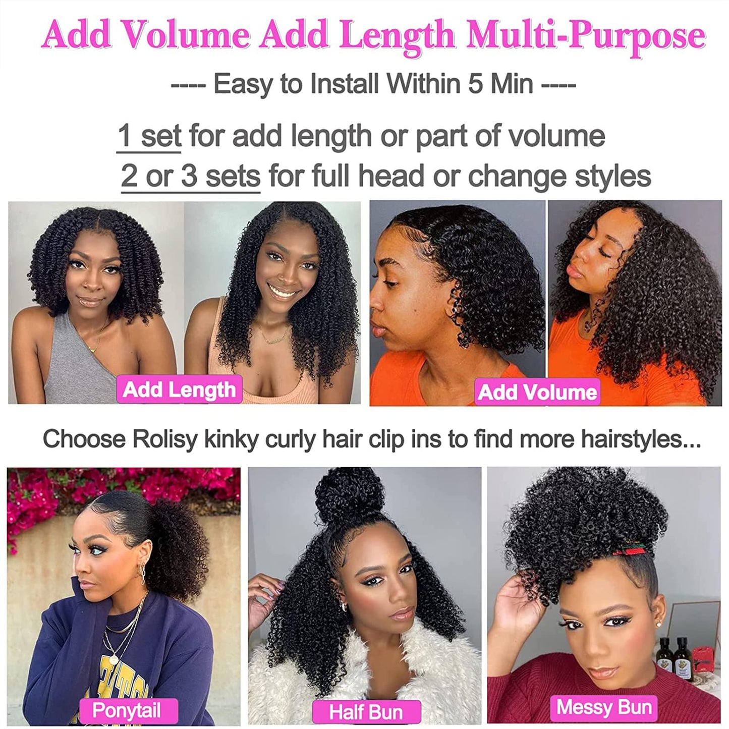 Rolisy Kinky Curly Clip In Hair Extensions Human Hair 20 Inch Curly Hair Extensions Clip In Human Hair for Black Women 3C 4A 4B Afro Kinky Curly Hair Clip Ins Soft Brazilian Remy Hair Thick Ends