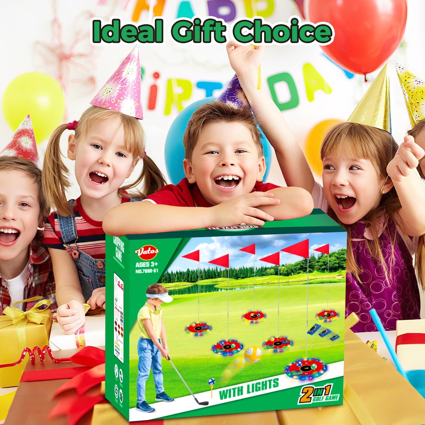 VATOS Light Up Golf Game Set for Kids, 2-in-1 Golf & Toss Game, 16 Balls, 2 Clubs, 6 Lighted Targets, Indoor & Outdoor Game Set, Gifts for Kids Boys Girls Ages 3-8