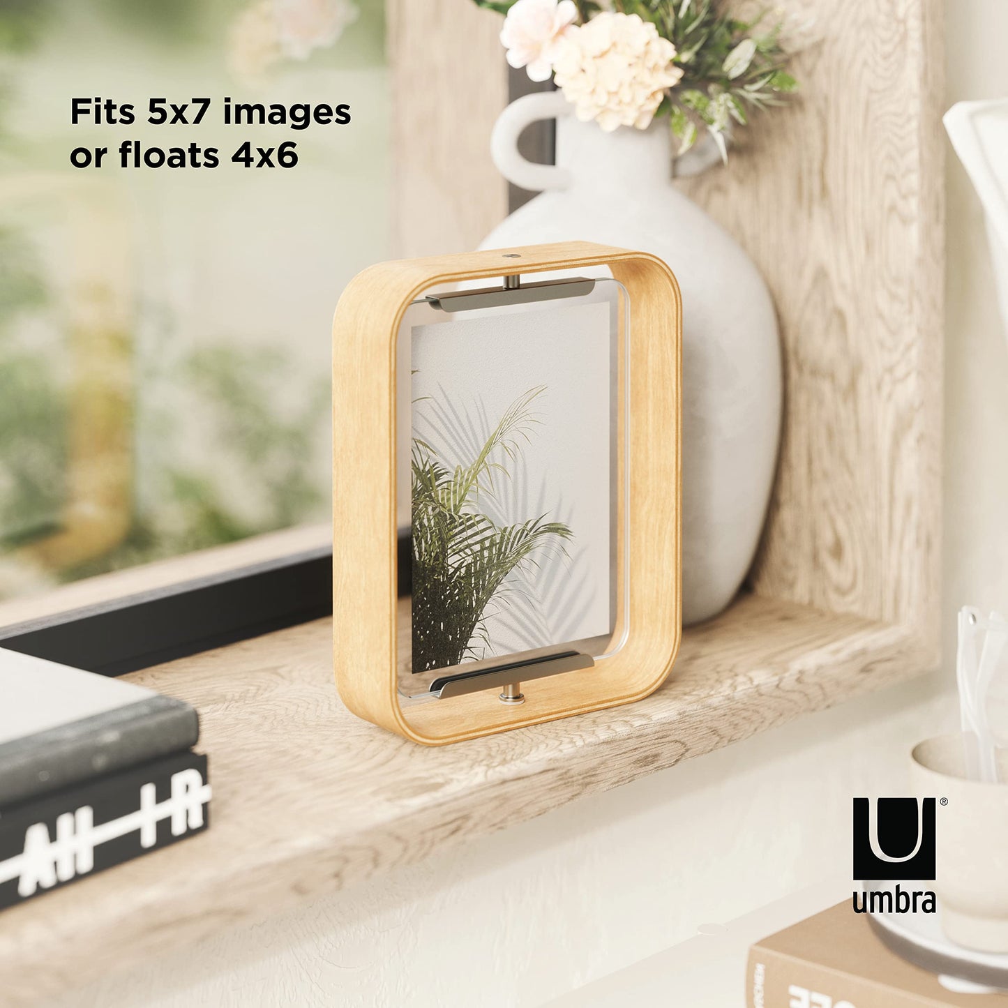 Umbra Bellwood 5x7 Desk Picture Frame with Bent Wood Trim and Two-Sided Rotating Display, Natural
