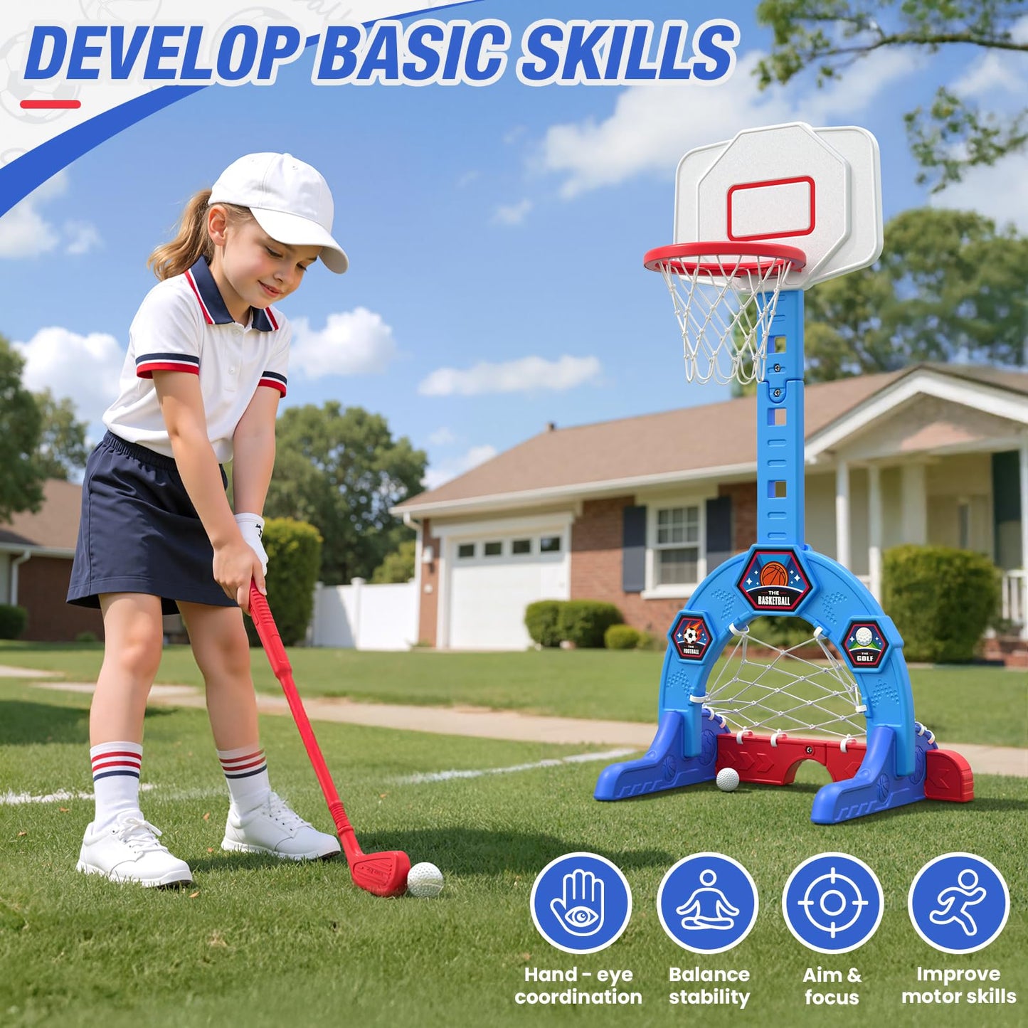 HYES Toddler Basketball Hoop, 3-in-1 Sports Activity Center with Soccer Goal, Golf Game, 5 Height Adjustable Kids Basketball Hoop, Indoor Outdoor Playset Toys Gifts for Boys Girls 3-5, Blue